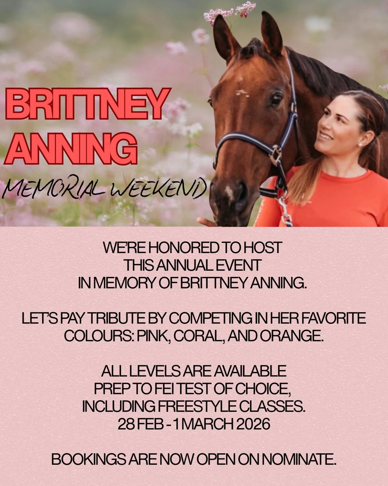 Each year, we get together to pay tribute to Brittney Anning&mdash;a club member, rider, and friend who was taken by melanoma. 

28 February - 1 March 2026

Riders are encouraged to wear pink, coral or orange - Brittney&rsquo;s favourite colours.  In