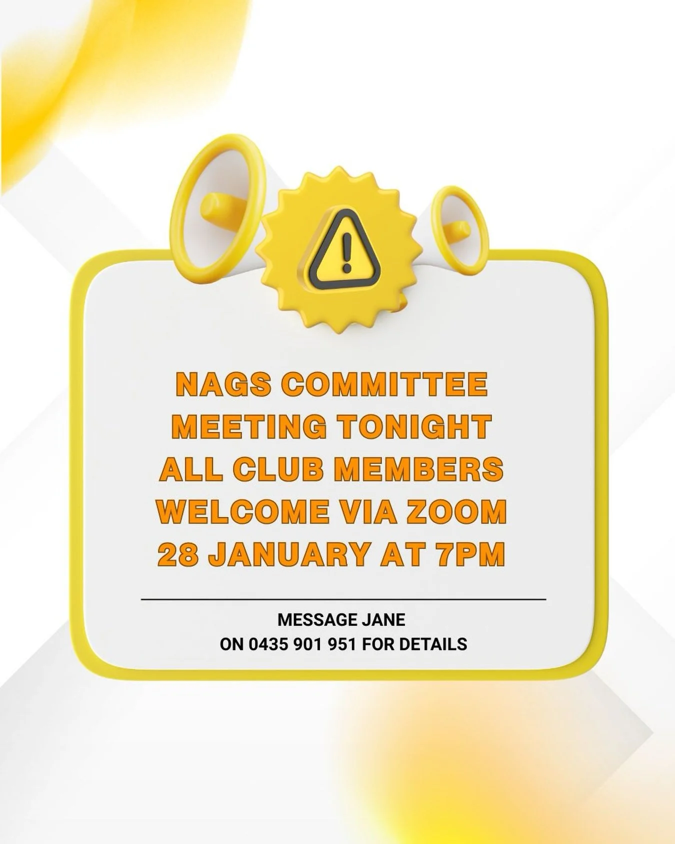 The Nags committee will meet tonight (28 January at 7pm) via Zoom to discuss the upcoming competition on 8 February and review outstanding items from the 2025 AGM. 
Club members are welcome to join. For Zoom meeting details, please contact Jane on 04
