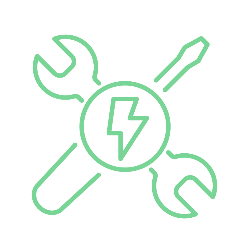 Green icon of a crossed wrench and screwdriver with a lightning bolt symbol in the center.