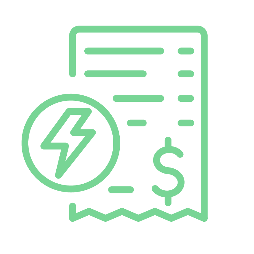 Icon of an electricity bill with a lightning bolt symbol and dollar sign in green.