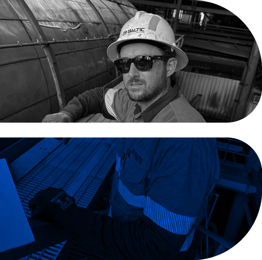 Two industrial workers; top image shows one worker in a hard hat and sunglasses, the bottom image shows another wearing gloves and a uniform with reflective stripes.