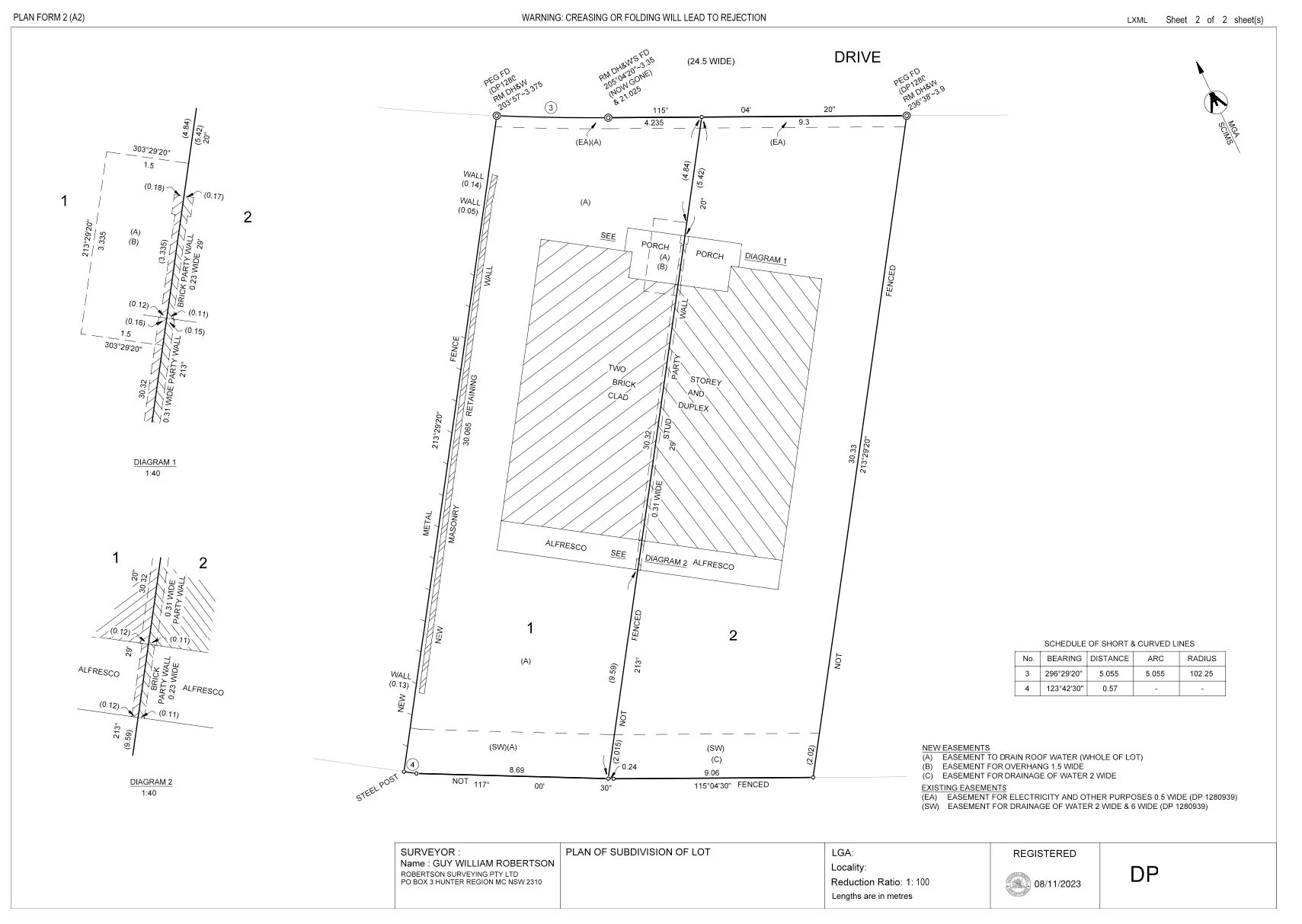A detailed survey plan of a subdivided lot showing the layout of buildings, fences, fences, easements, and property boundaries with measurements and notes.