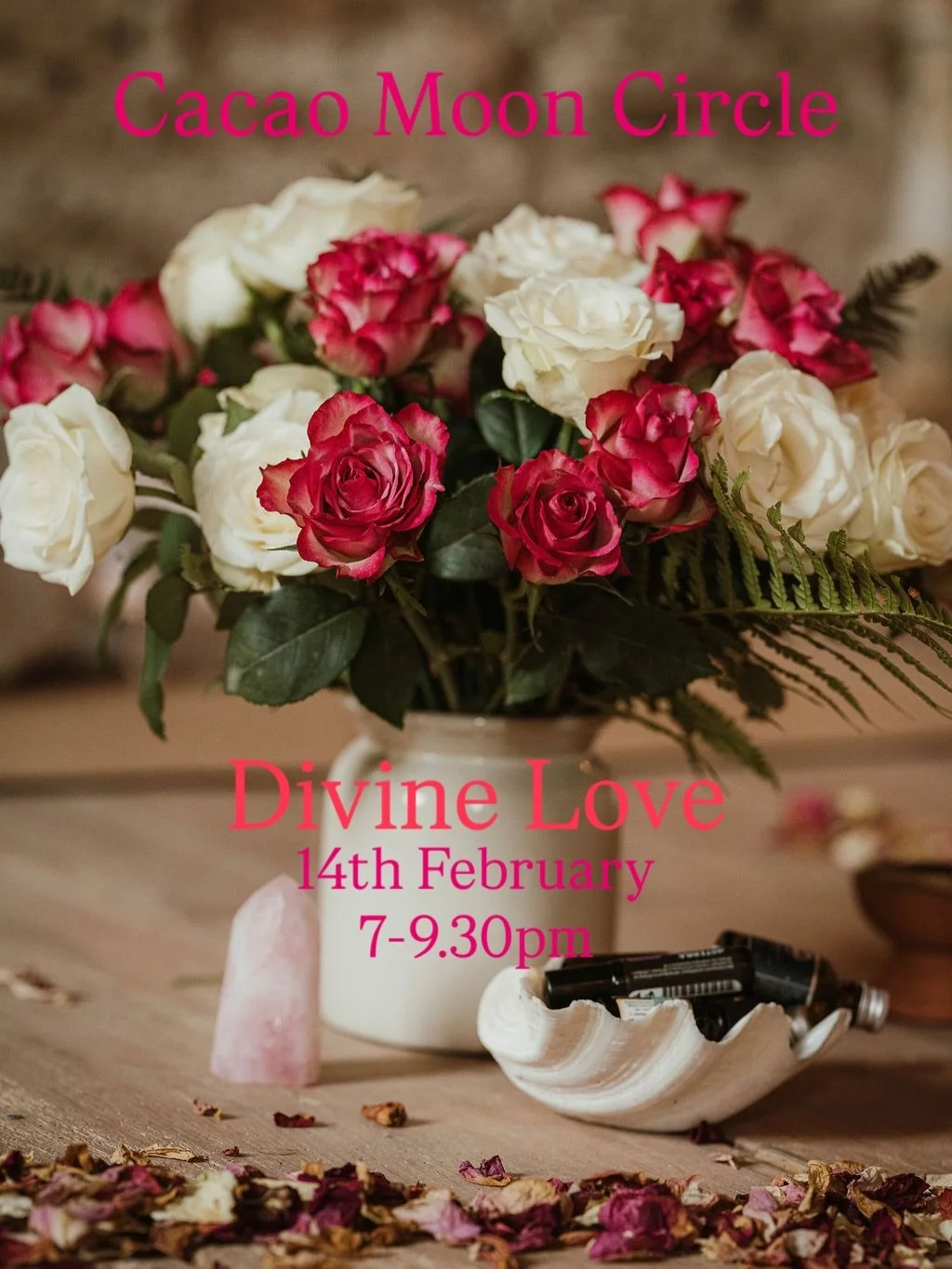 New Moon Cacao Circle ❤️
With Emma
@vahni.london 
@theshalalondon 
.
A celebration of Divine Love 🌹
And a space to pause and prepare for the lunar new year of the Fire Horse as we enter eclipse season. 
.
Breathwork, Yoga Nidra, Ritual, Sound, Song.