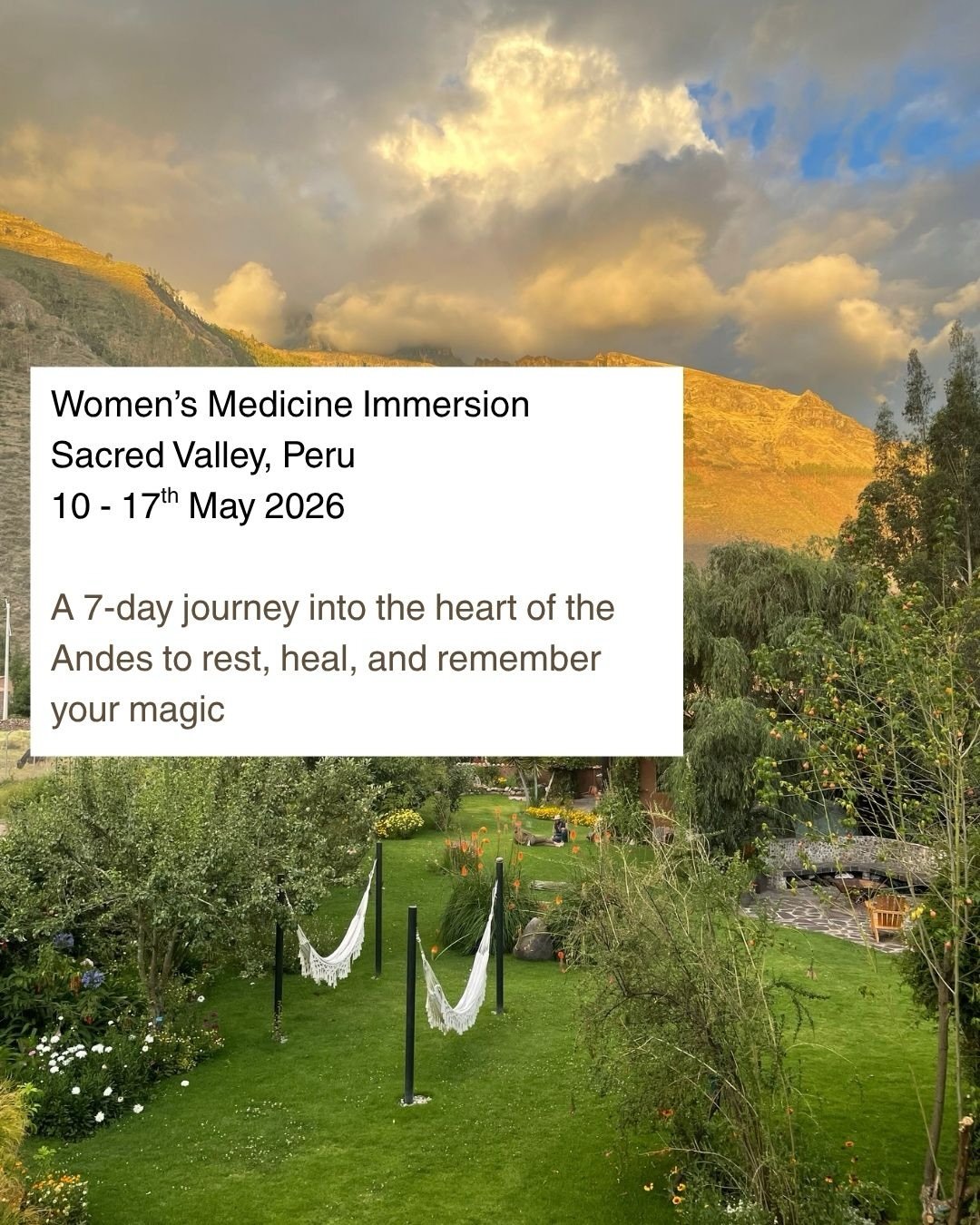 SACRED VALLEY WOMEN&rsquo;S YOGA &amp; PLANT WISDOM IMMERSION 
10 - 17th May 2026

Join us&hellip;

Connect to your innate joy, creativity and divine presence.
A journey of yoga, breathwork and wisdom guided by the plant teacher of San Pedro / Huachu