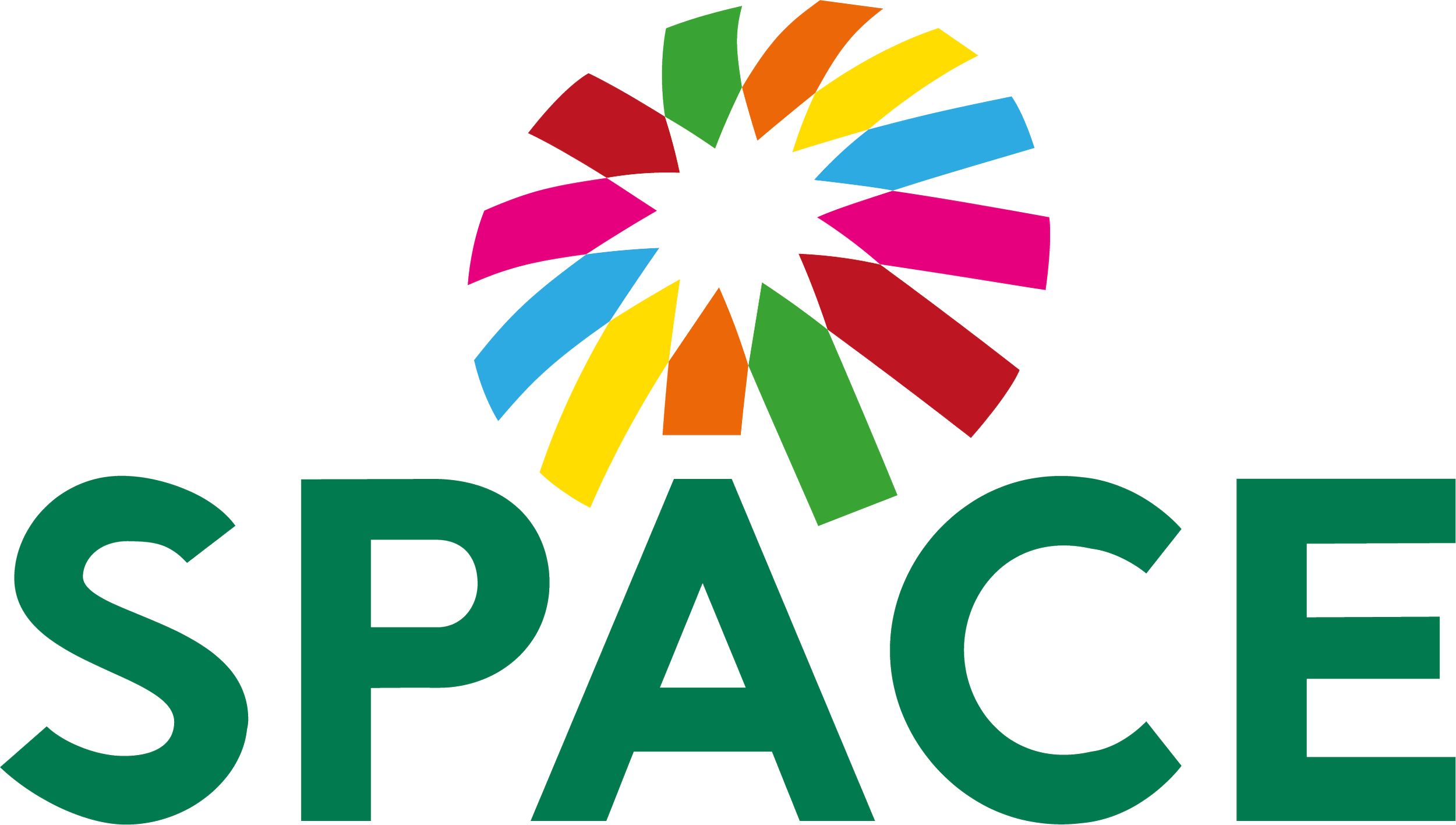 Mot en anglais 'SPACE' en lettres majuscules vertes, avec un symbole en forme d'explosion colorée au-dessus.