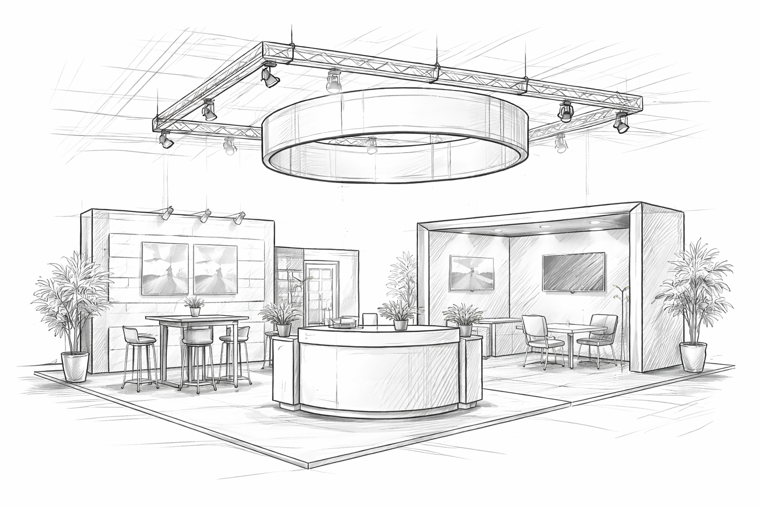 Esquisse d'un intérieur moderne avec un comptoir rond au centre, tables et chaises sur les côtés, grands rectangles encadrés sur les murs, plantes en pots, éclairage suspendu, et une grande installation lumineuse au plafond.