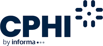 Logo de CPHI par Informa en bleu foncé avec des points disposés en cercle à l'extrémité du texte.