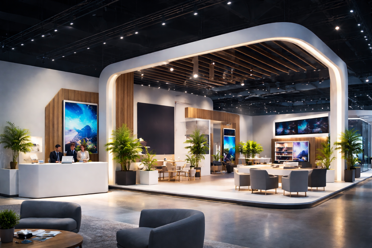 Un stand moderne et design avec des écrans géants, des plantes en pot et des meubles accueillants.