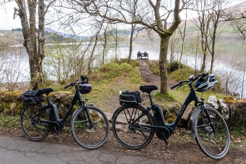E-bikes at Loch Venachar in the Trossachs