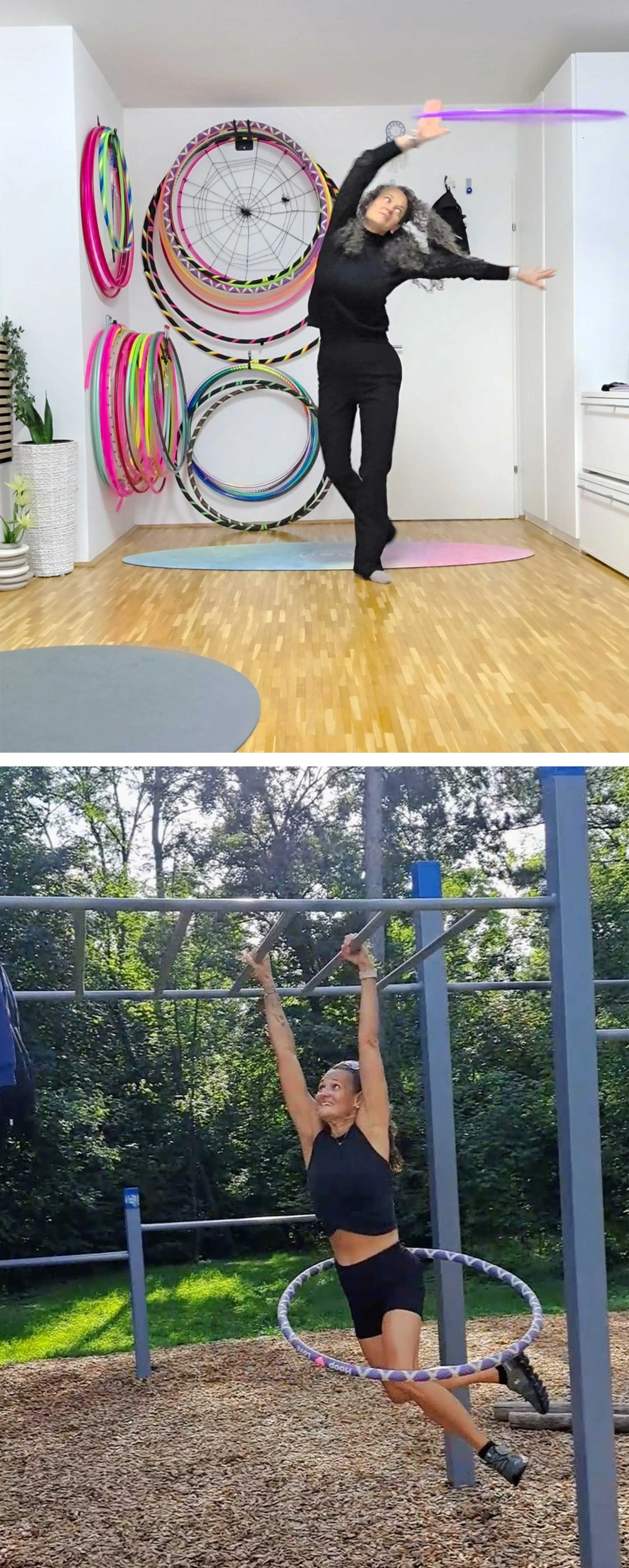 Nicole Stadlbauer – Ich verbringe jede freie Minute mit meinen Hula Hoops. Mal Flow & Leichtigkeit beim Hoopdance, mal pure Power beim Hoopfitness. Das Besondere daran: Mein Fitnesshoop bleibt dabei immer um meine Taille. Egal, ob Lauftraining, Kettl