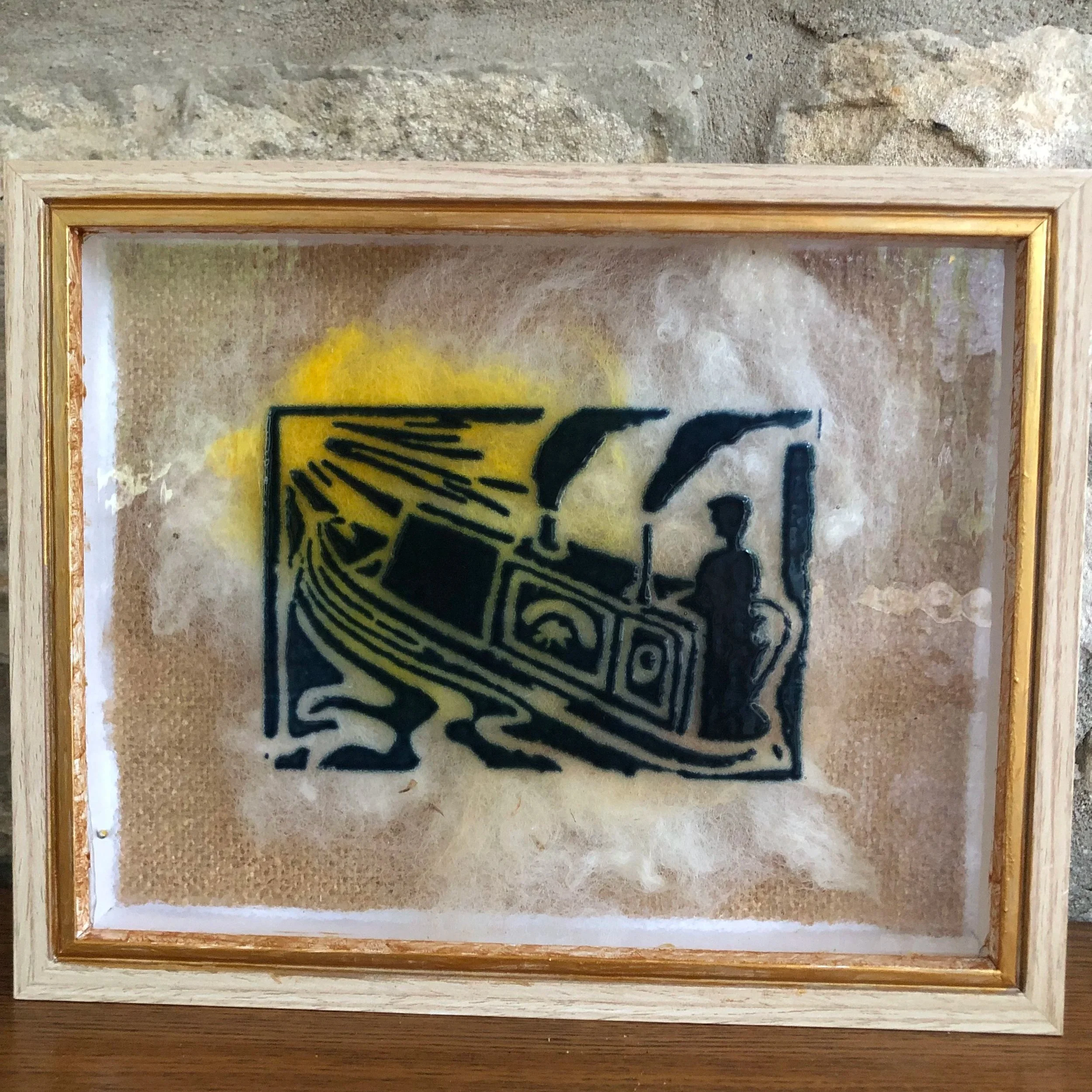 Canal Boat - powdered glass through a screen made from a linocut picture
Sheeps wool background dyed with onion skin and turmeric