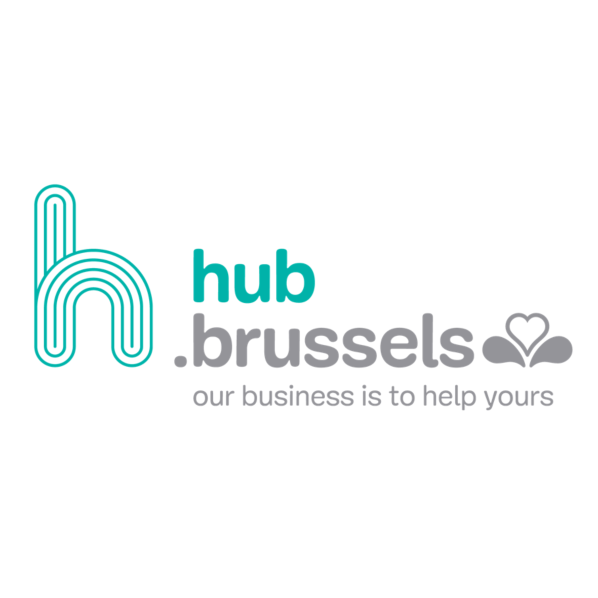 Logo de hub.brussels avec une icône en forme de 'H' stylisé, le texte 'hub brussels' et le slogan 'our business is to help yours'