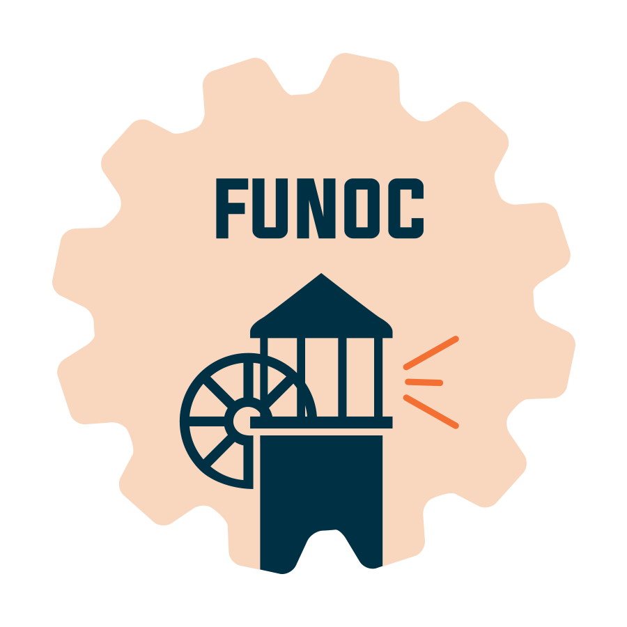 Logo avec le texte 'FUNOC' et une icône représentant une roue à eau et une structure avec un toit, sur un fond en forme de roue dentée