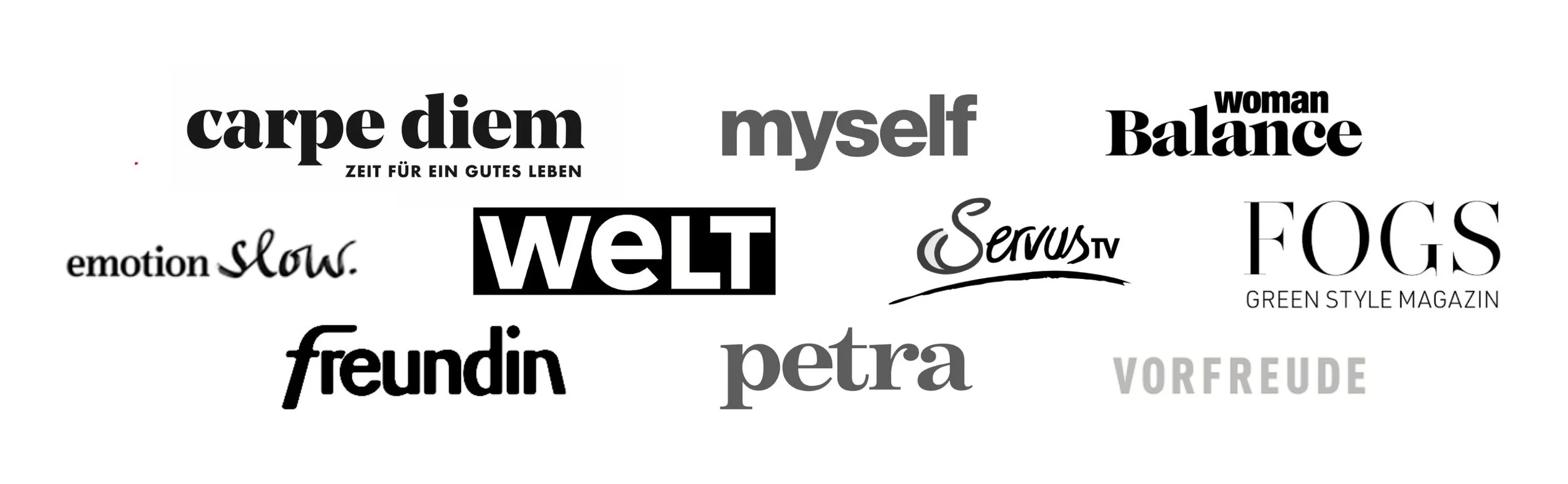 Verschiedene deutsche Wörter und Magazine in schwarzer und grauer Schrift auf weißem Hintergrund.