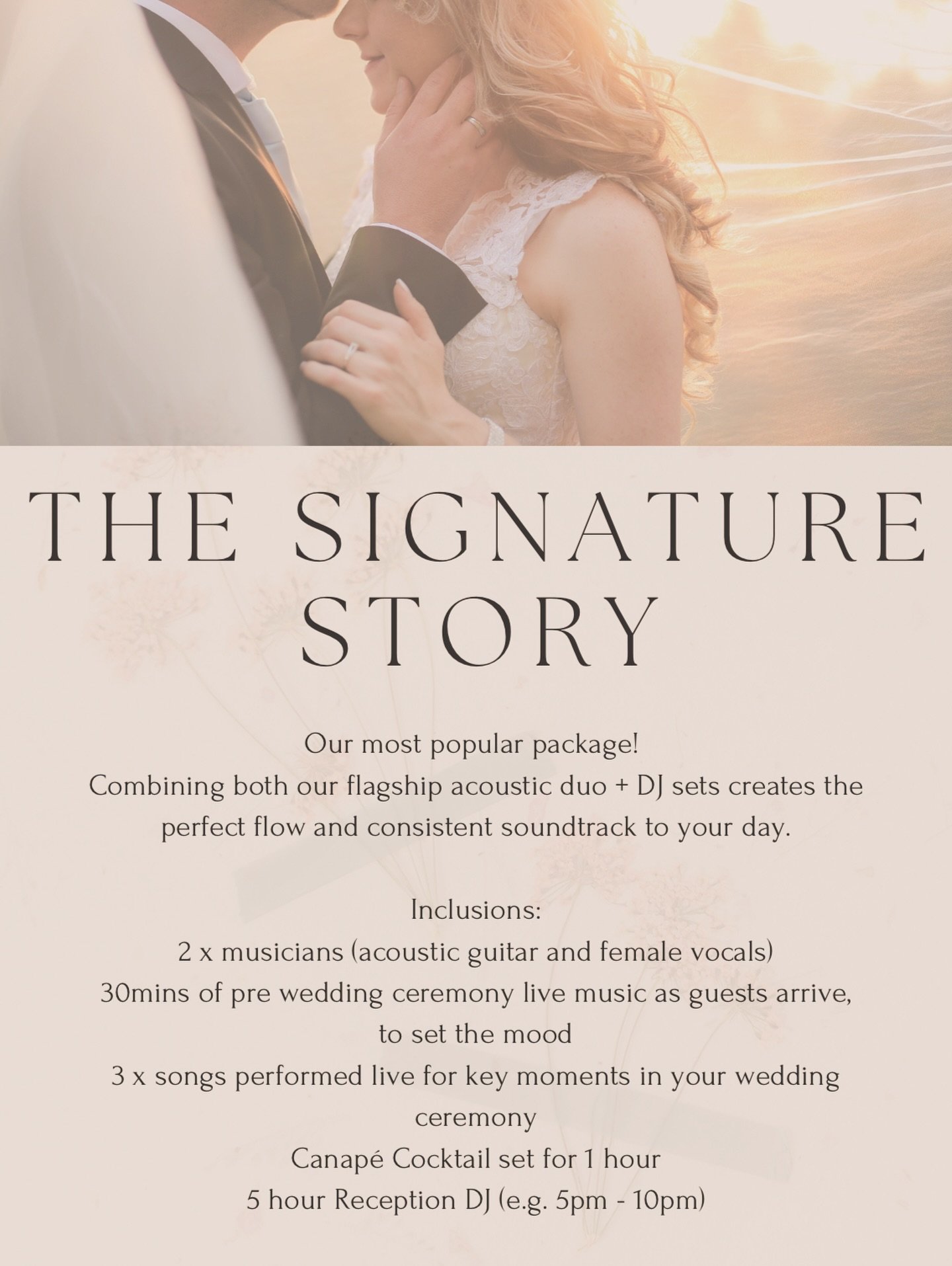 ✨ The Signature Story ✨
Our most-loved package, designed to flow seamlessly from &lsquo;I do&rsquo; to the last dance.
Live acoustic duo + pro DJ = the perfect soundtrack to your day.
⁠
📖 Your love story, told in song.⁠
🎶 Ceremony | Canap&eacute;s 