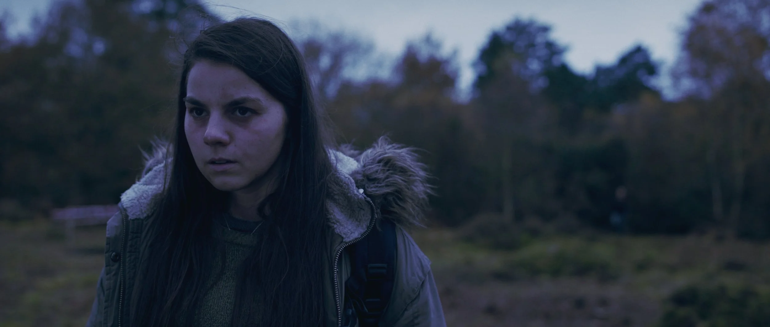 A woman at dusk looks ahead with a determined look, Flying Blind