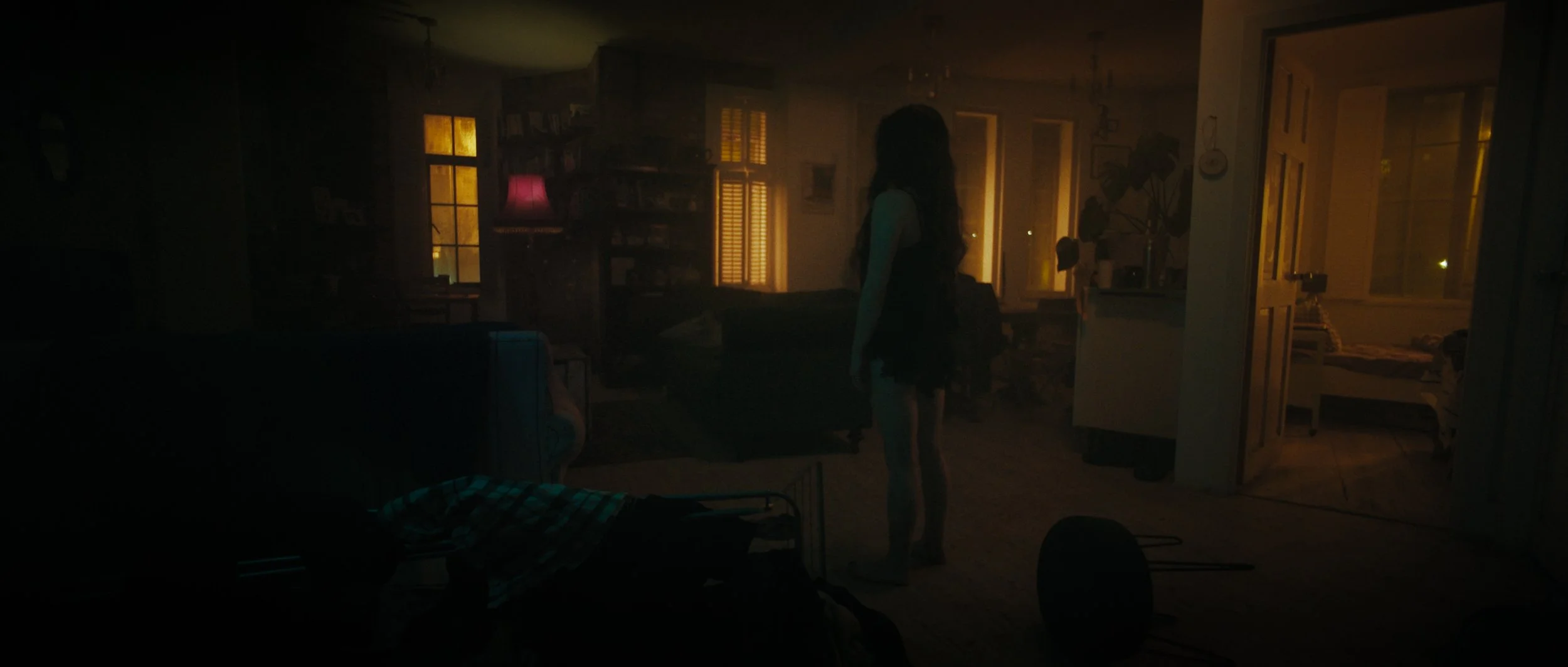 A woman stands in a dark and messy living room, Night Whispers