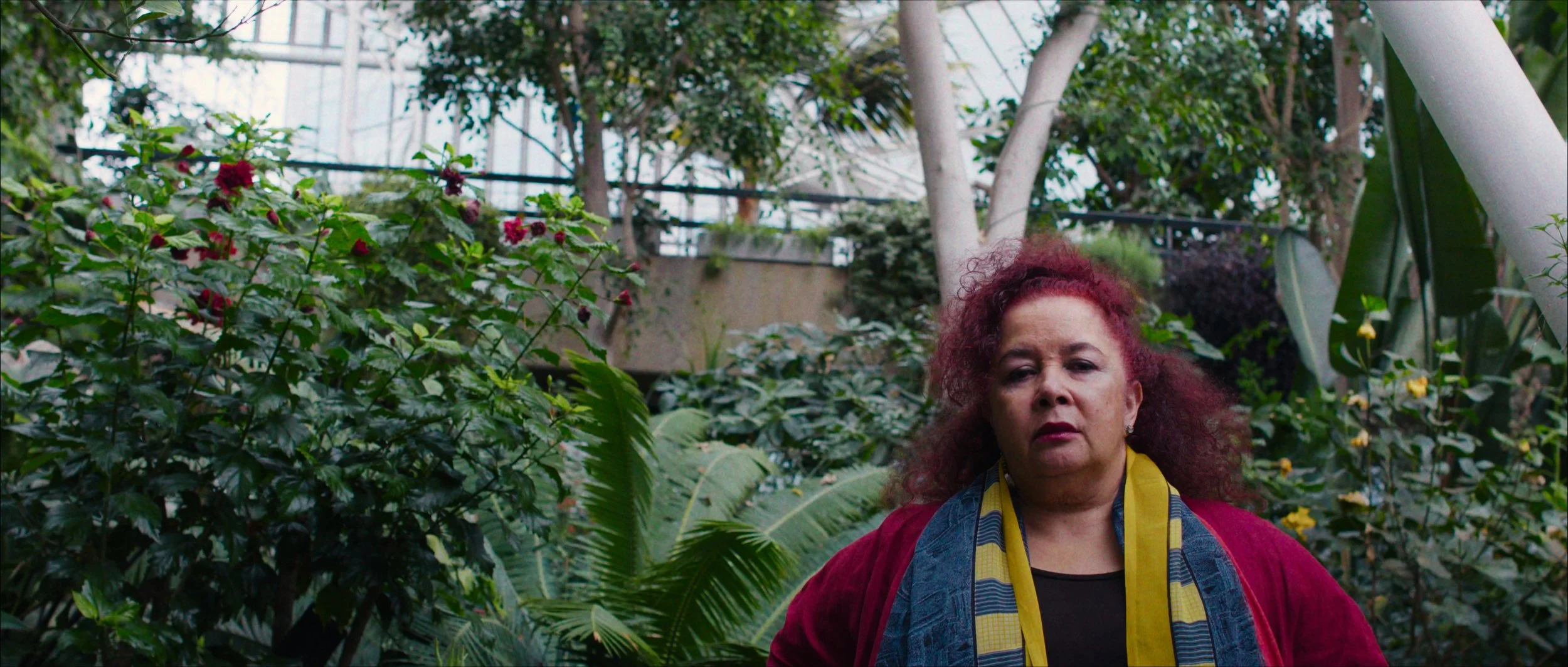 A woman with red curly hair stands in front of plants in the Barbican Conservatory looking to camera , GRETA