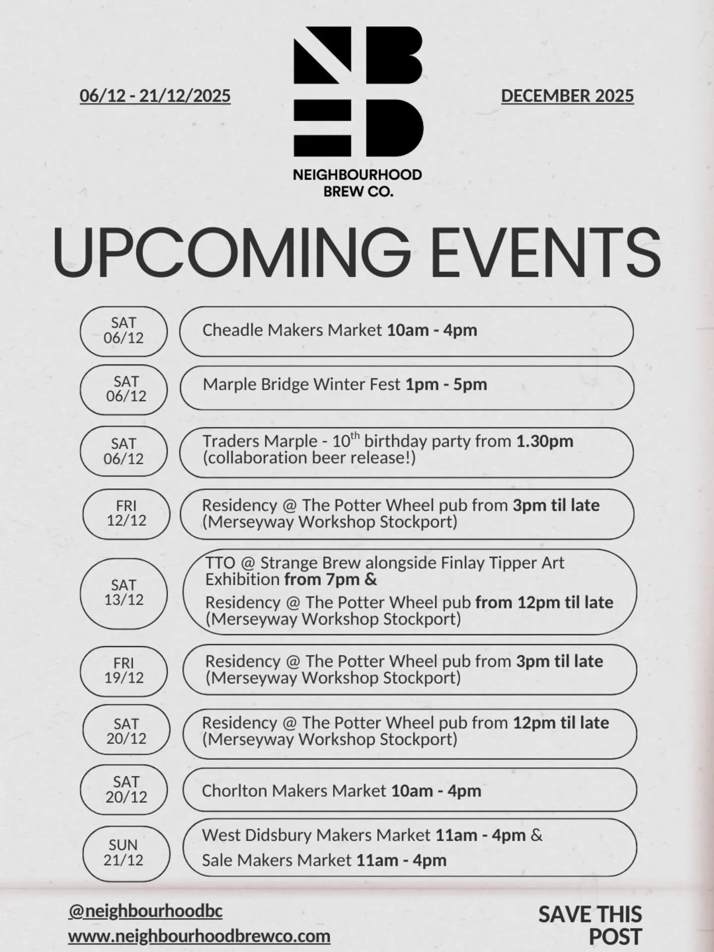 // DECEMBER EVENTS // 2025

We've got ourselves a packed month ahead! We're very excited for all our upcoming events and we wanted to let you know where you can find us on the lead up to Christmas 🎄 

At each event we'll have a pop up bar, selling c