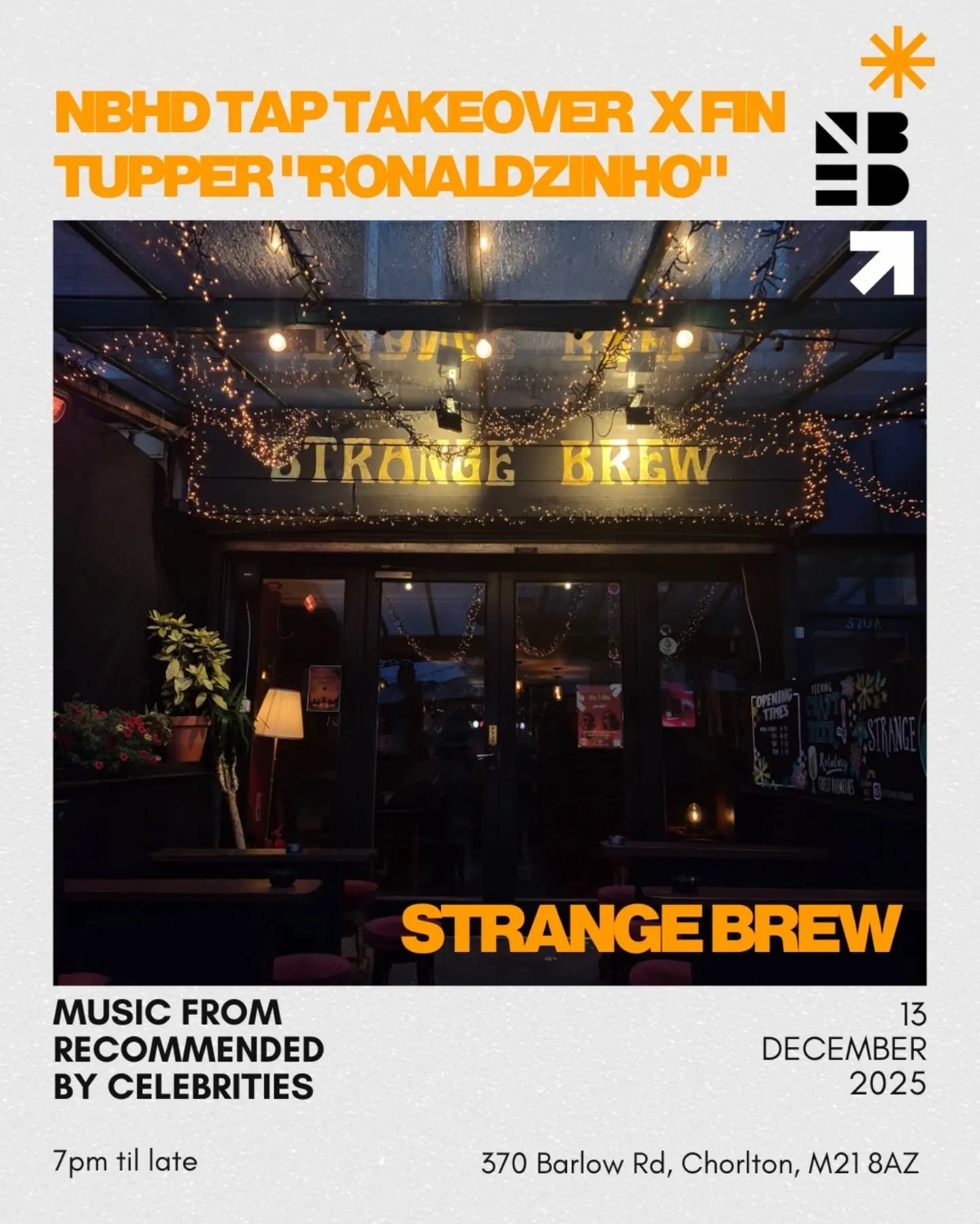 // STRANGE BREW x FIN TUPPER x NBHD // 

This Saturday we're having a 5 line Tap Takeover at @strangebrewbar in Chorton alongside the talented @finlikesfootball "Ronalzinho" Art Expo 🙌

We will be pouring 2 cask and 3 keg beers 🍻

On keg 