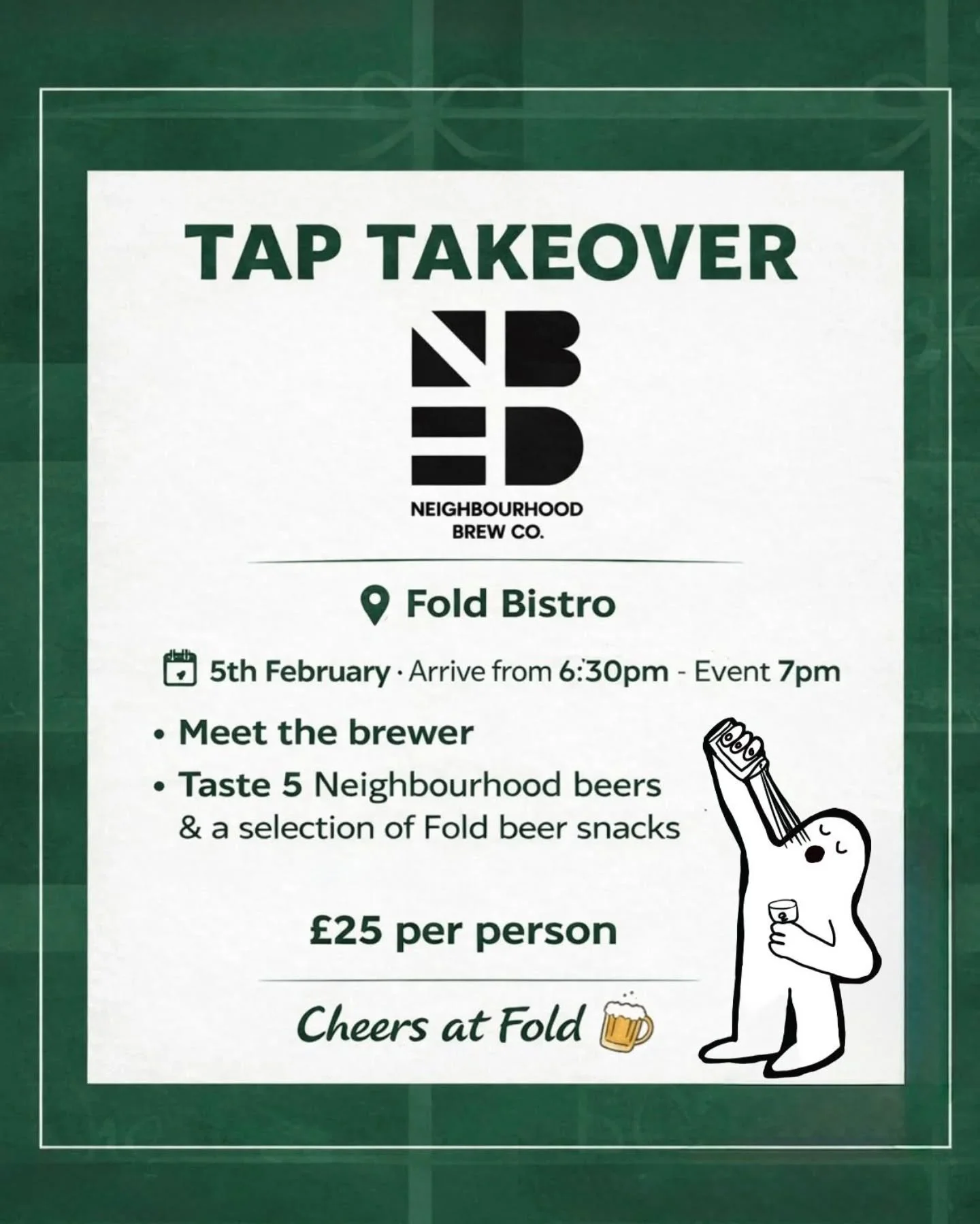 // FOLD BISTRO TTO // 05.02.26

Exciting news! 

We have been working away with the wonderful team over at @fold_bistro in Marple bridge on a tasting event. 

On Thursday 5th Feb Jake will be hosting a guided tasting of 5 neighbourhood beers during t