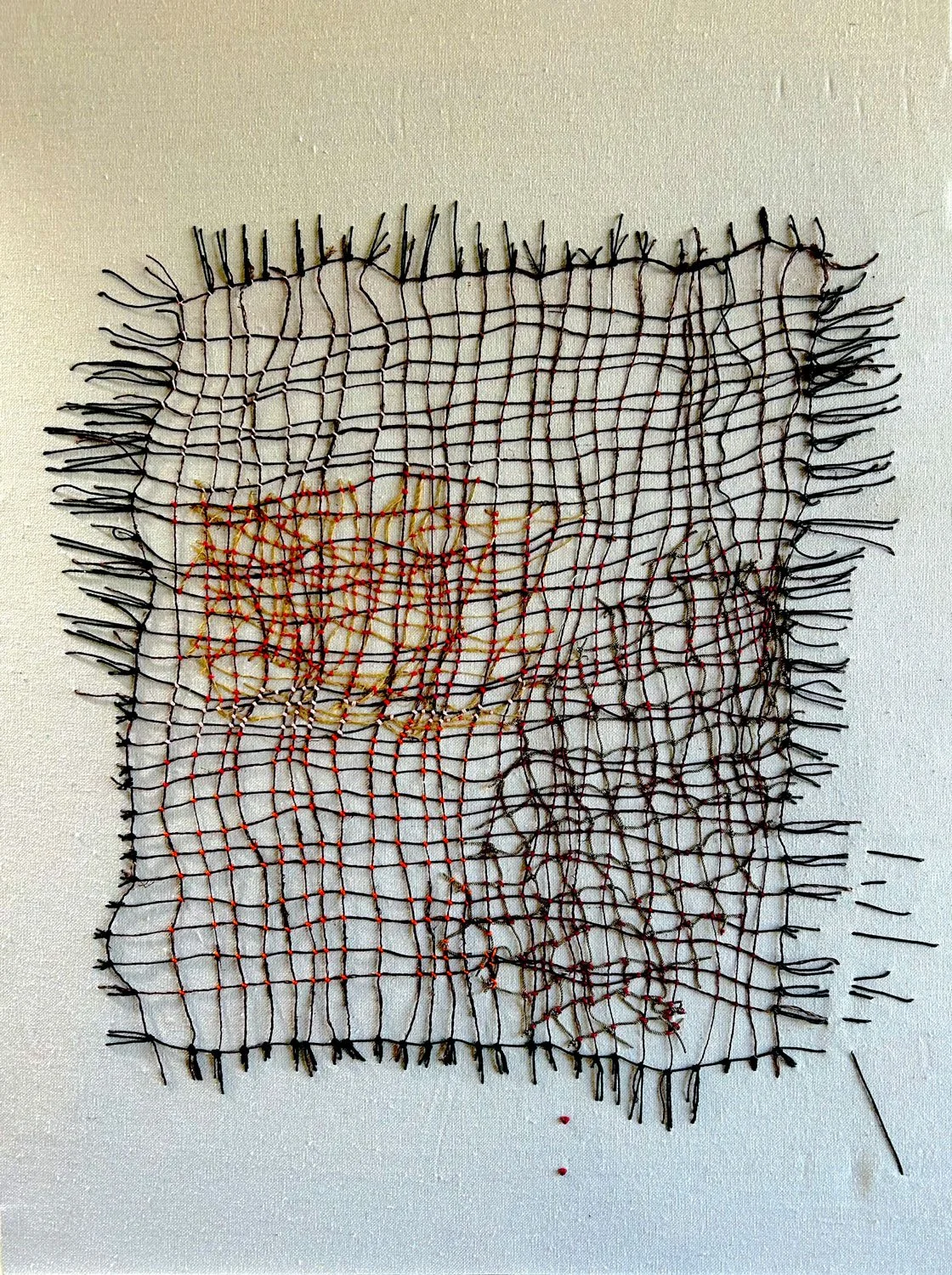  Two ‘Hoods  

(As in Two Neighborhoods.) Find the media you love (here it’s black waxed linen, a florist  supply) hand woven (on a Melissa and Doug kids loom), lifted off and draped down onto painters drop cloth. It became obvious that the loose gri