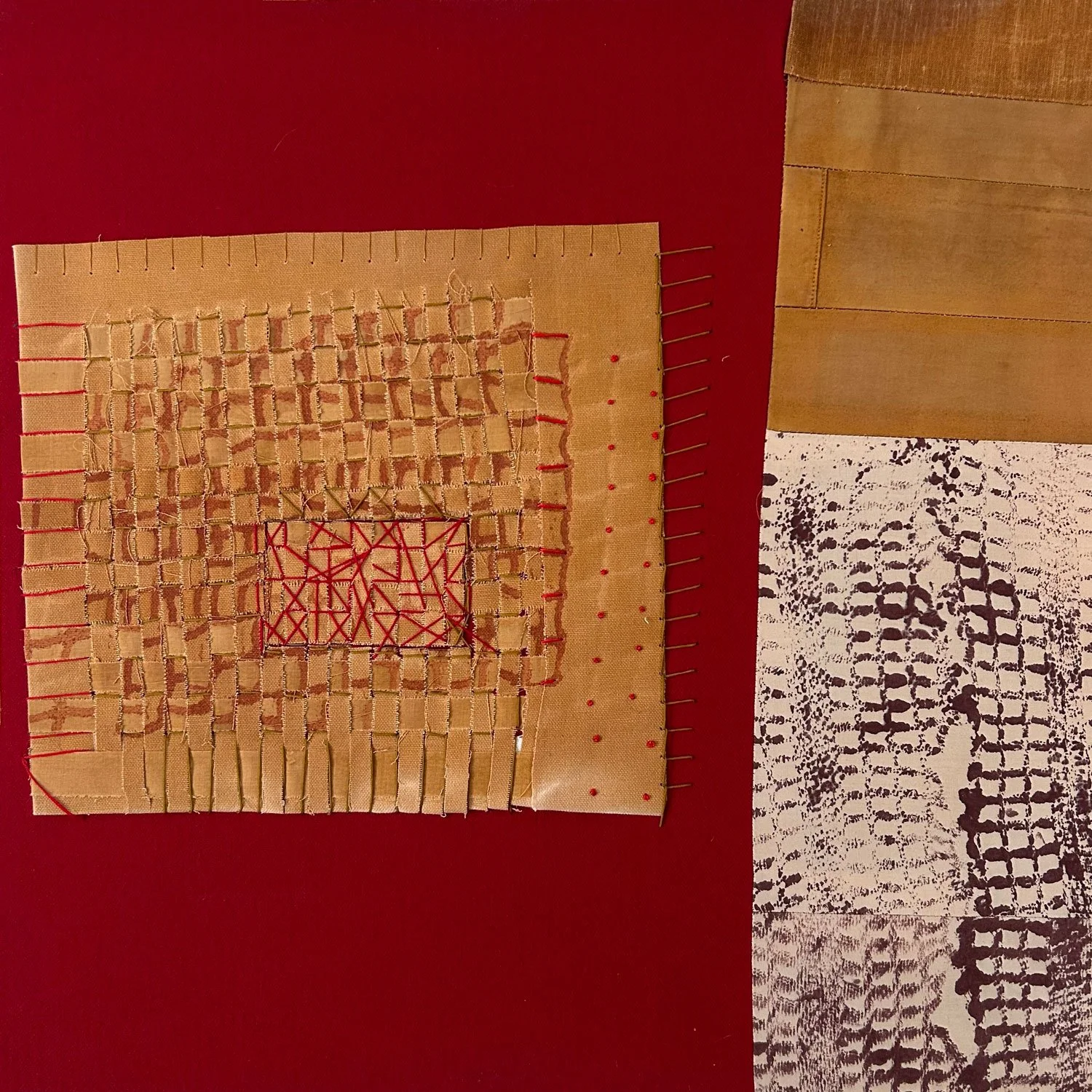  Four Squared  

Maybe the culmination of a winter of work?  Maybe the introduction of red?  (Or the end of that bolt of fabric?)  Maybe remembering that I really liked the tightly woven mat that same size, same stained cotton formed? (Especially whe