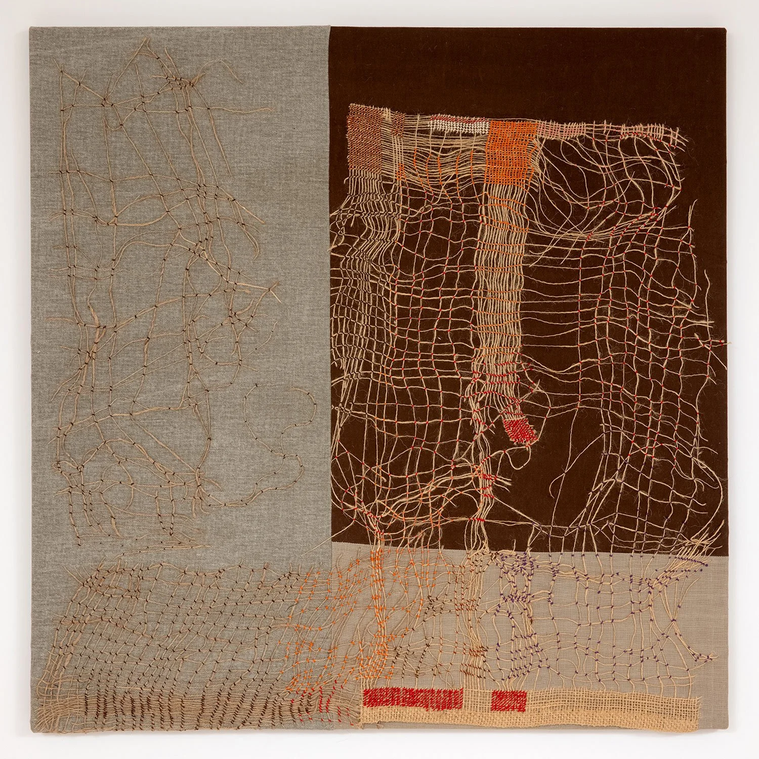  Maps and Mapping  

Cleaning up the studio, folding and neatening up textiles, re-discovering flea
market purchases – these are tried and true methods that spark my process. Burlap: the most basic grid, used to wrap shrubs to protect them from winte