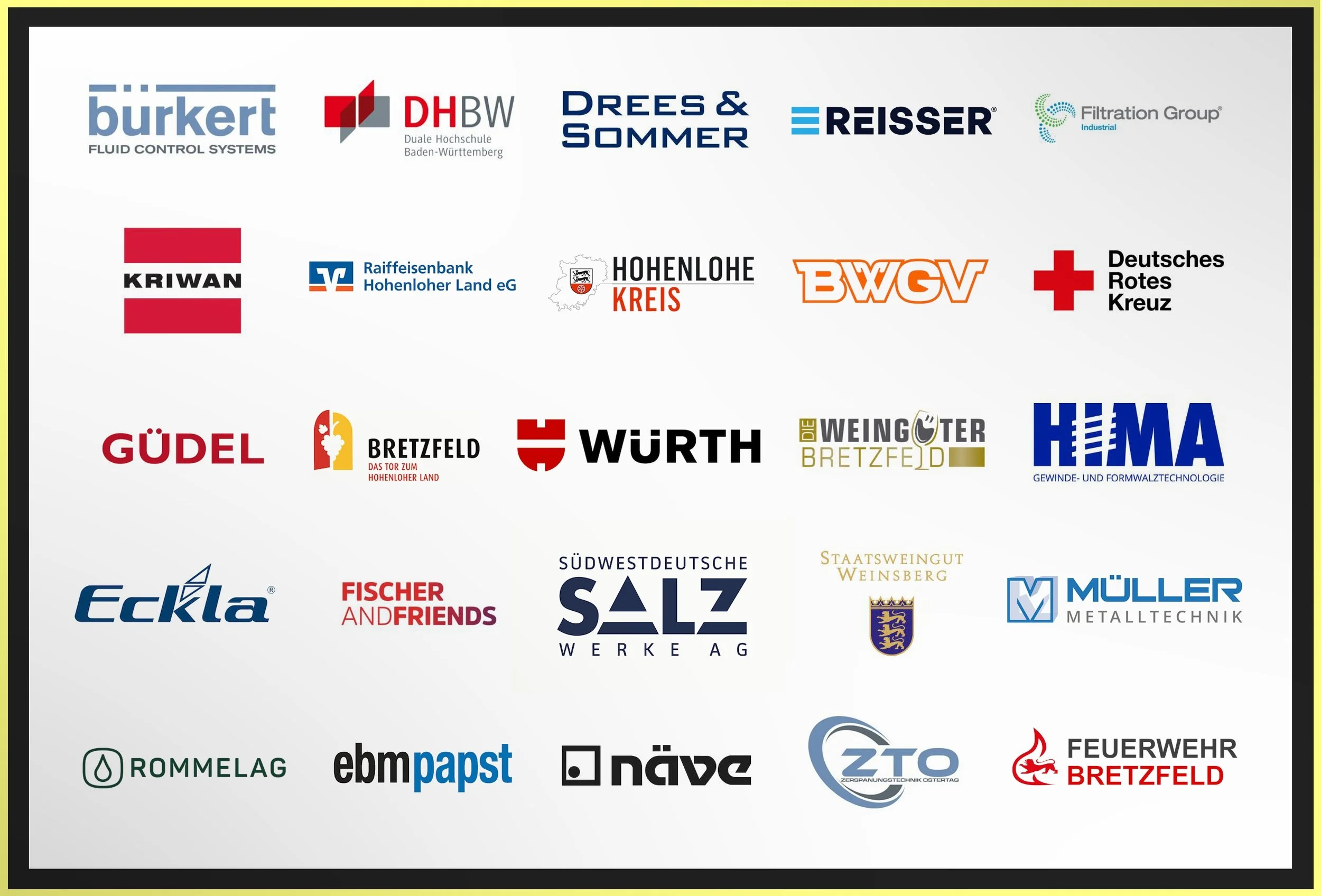 Collage aus verschiedenen Firmenlogos, darunter Burkert, DHBW, Drees & Sommer, Reisser, Filtration Group, Kriwan, Raiffeisenbank Hohenloher Land, Hohenlohe Kreis, BWG, Deutsches Rotes Kreuz, Güdel, Bretzfeld, Würth, Salz Werke AG, HEMA, Eckla, Fischer und Freunde, Staatsweingut Weinsberg, Müller Metalltechnik, Rommelag, ebm papst, Näve, ZTO Zerspanungstechnik Ostertag, Feuerwehr Bretzfeld.