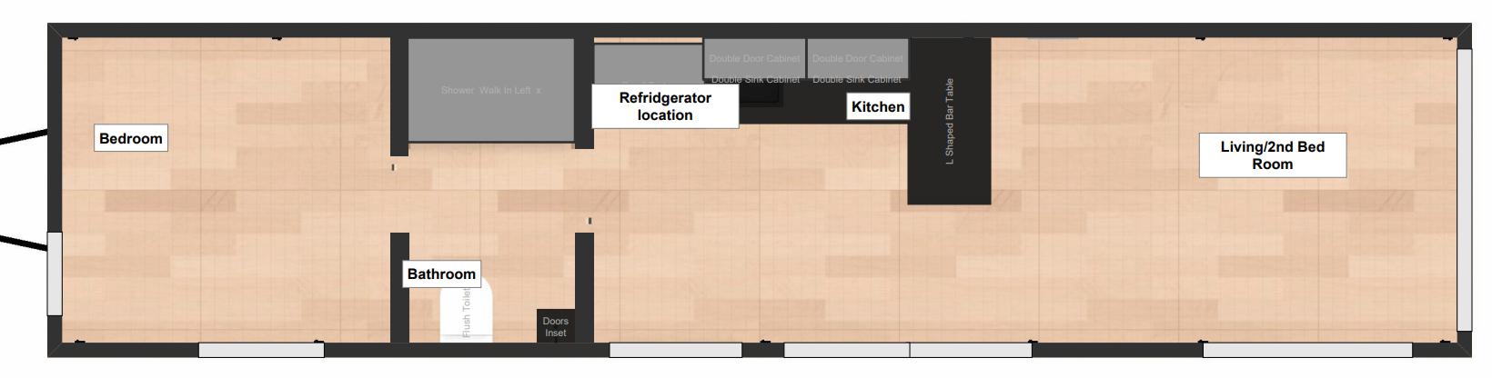 Floor plan of a rectangular house with labeled rooms, including bedroom, bathroom, kitchen, living or second bedroom, and a designated refrigerator location.