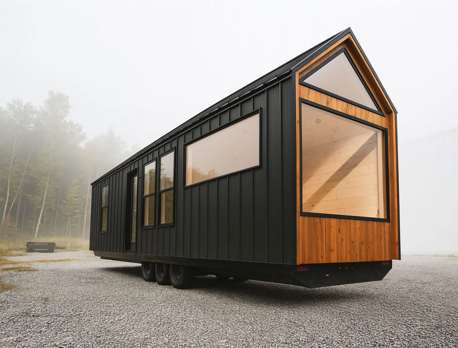 A modern tiny house on wheels with black and wood siding, set on a gravel lot surrounded by foggy trees.