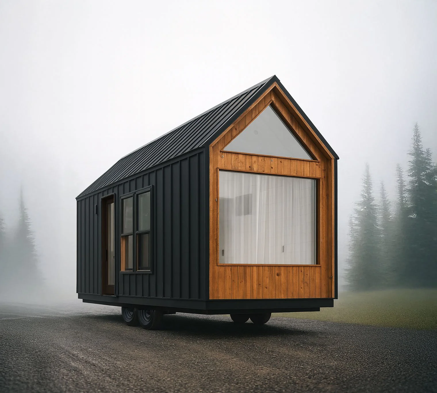 A tiny house with black metal siding and wooden accents, located on a paved road with a foggy forest background.