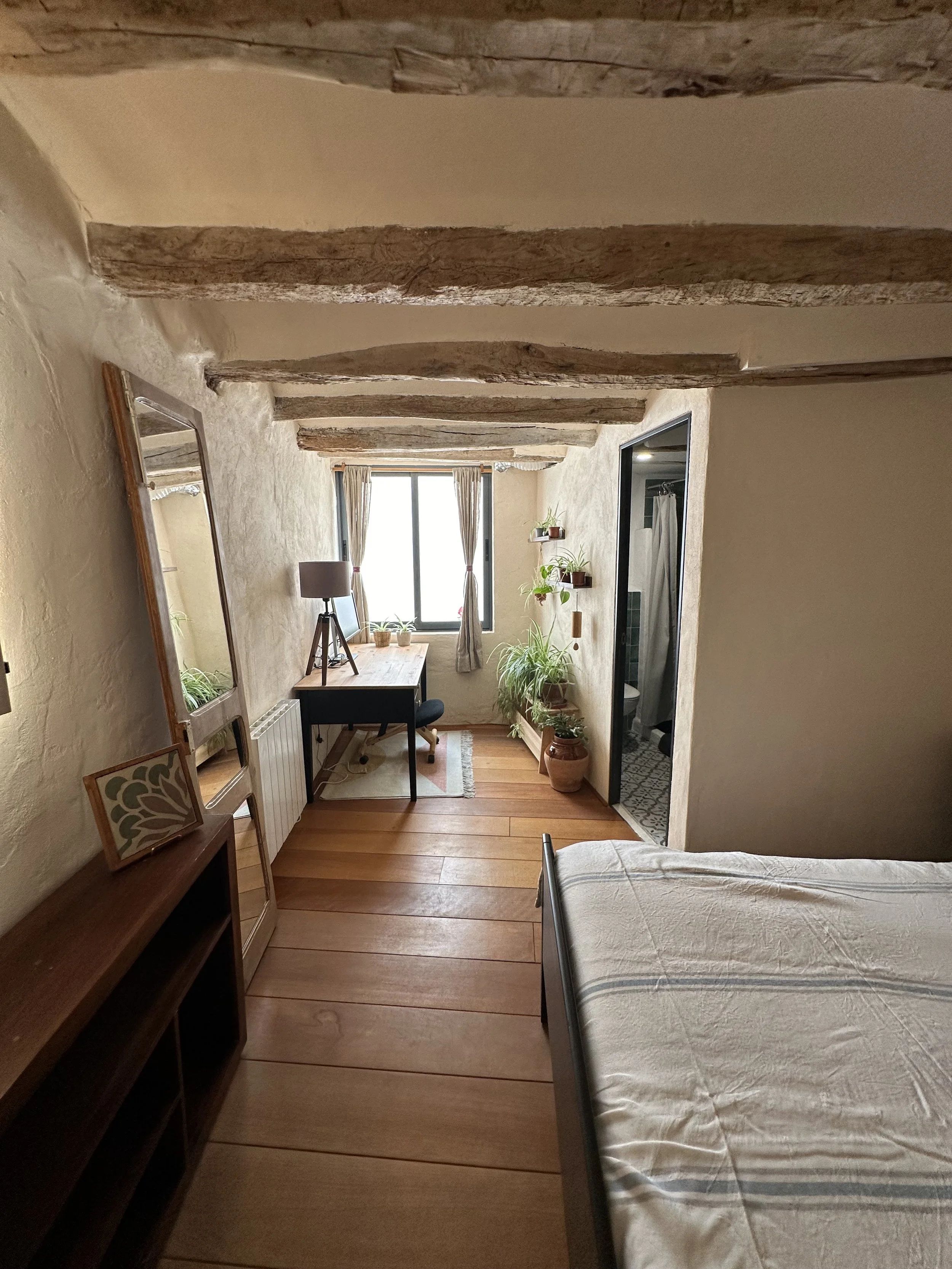 Cozy bedroom with wooden beams, a bed with striped sheets, a desk with a lamp, plants near a window, and a full-length mirror.