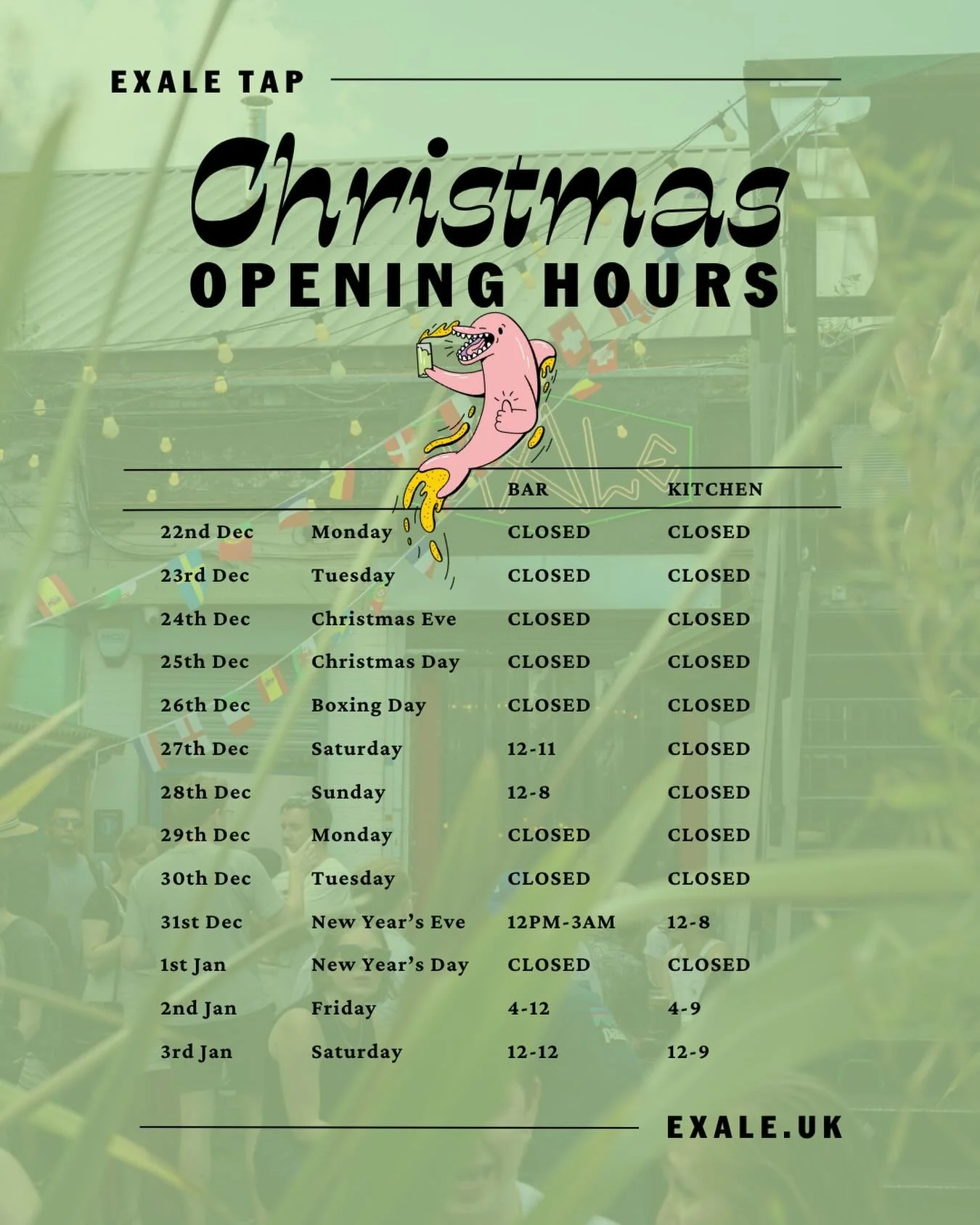 Xmas hours! 👆 We also wanted it say a huge thanks to everyone who has come though our doors this year, have an amazing Xmas- big love from the Exale team xx