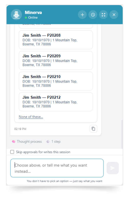 OpenPM's Minerva let's you select which patient you want to schedule an appointment for.