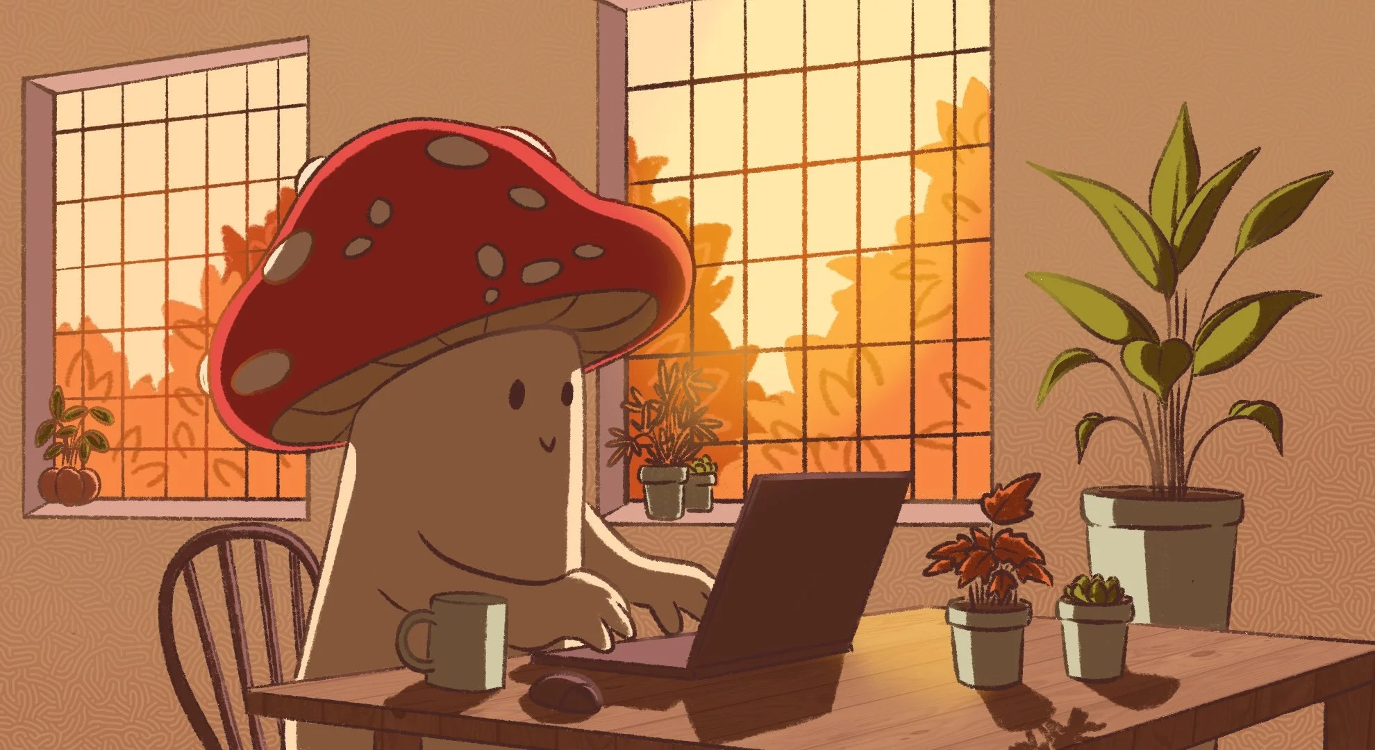 Illustration d'un personnage champignon travaillant sur ordinateur, ambiance automnale chaleureuse, style Nanore