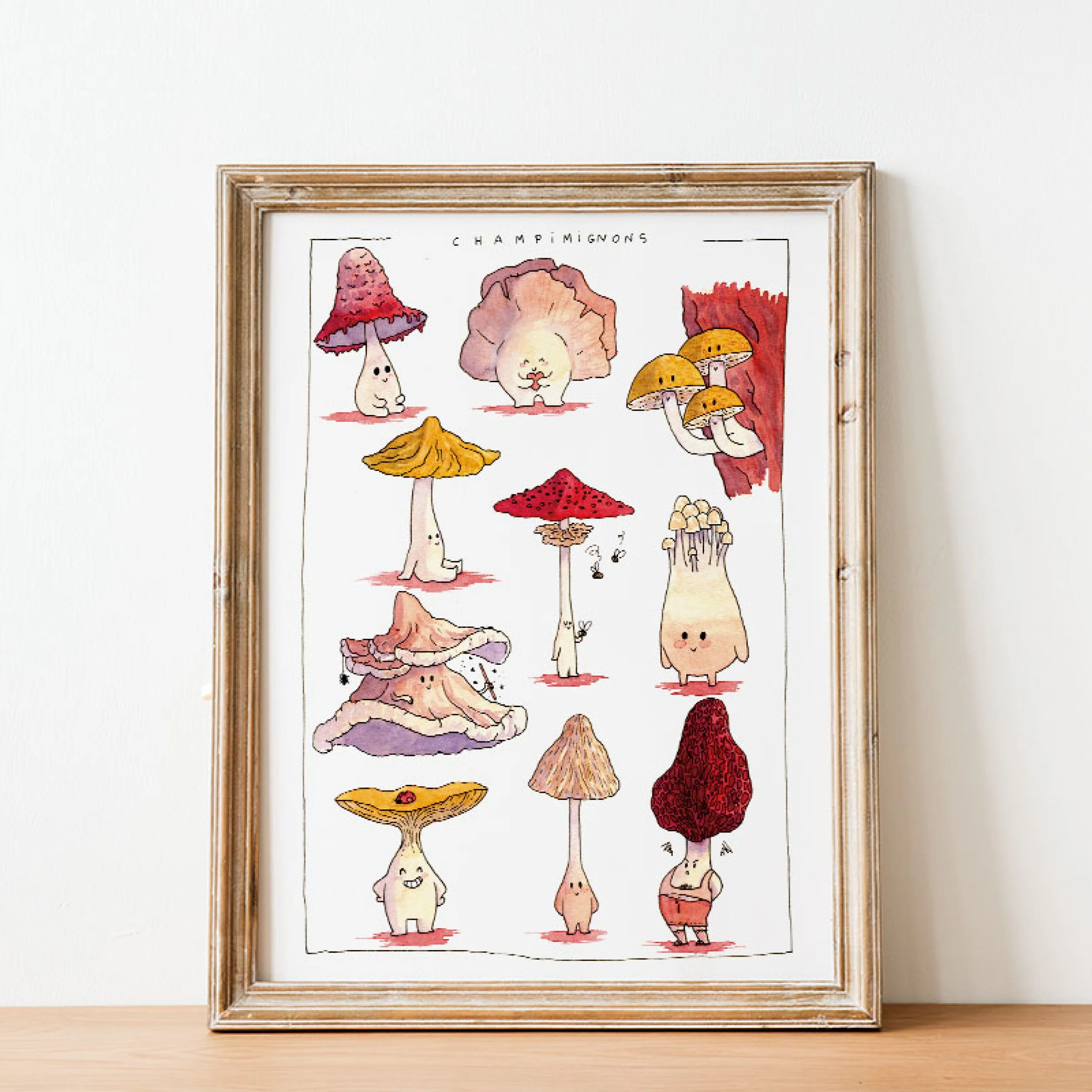 Affiche illustrée "Champimignons", planche de personnages champignons variés, encadrée, style Nanore