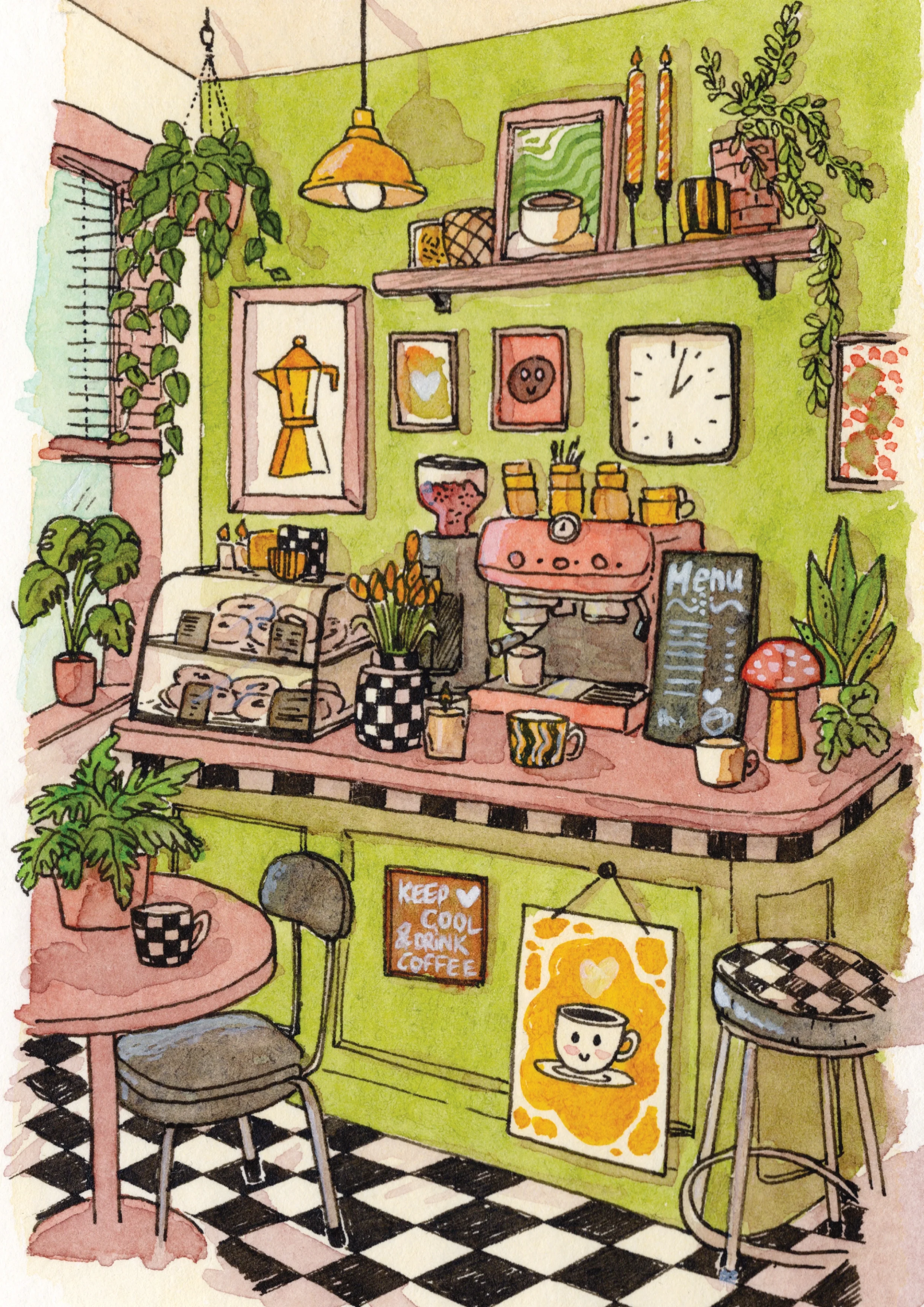 Illustration aquarelle d'un café rétro avec vitrine vert amande et sol carrelé noir et blanc, style Nanore