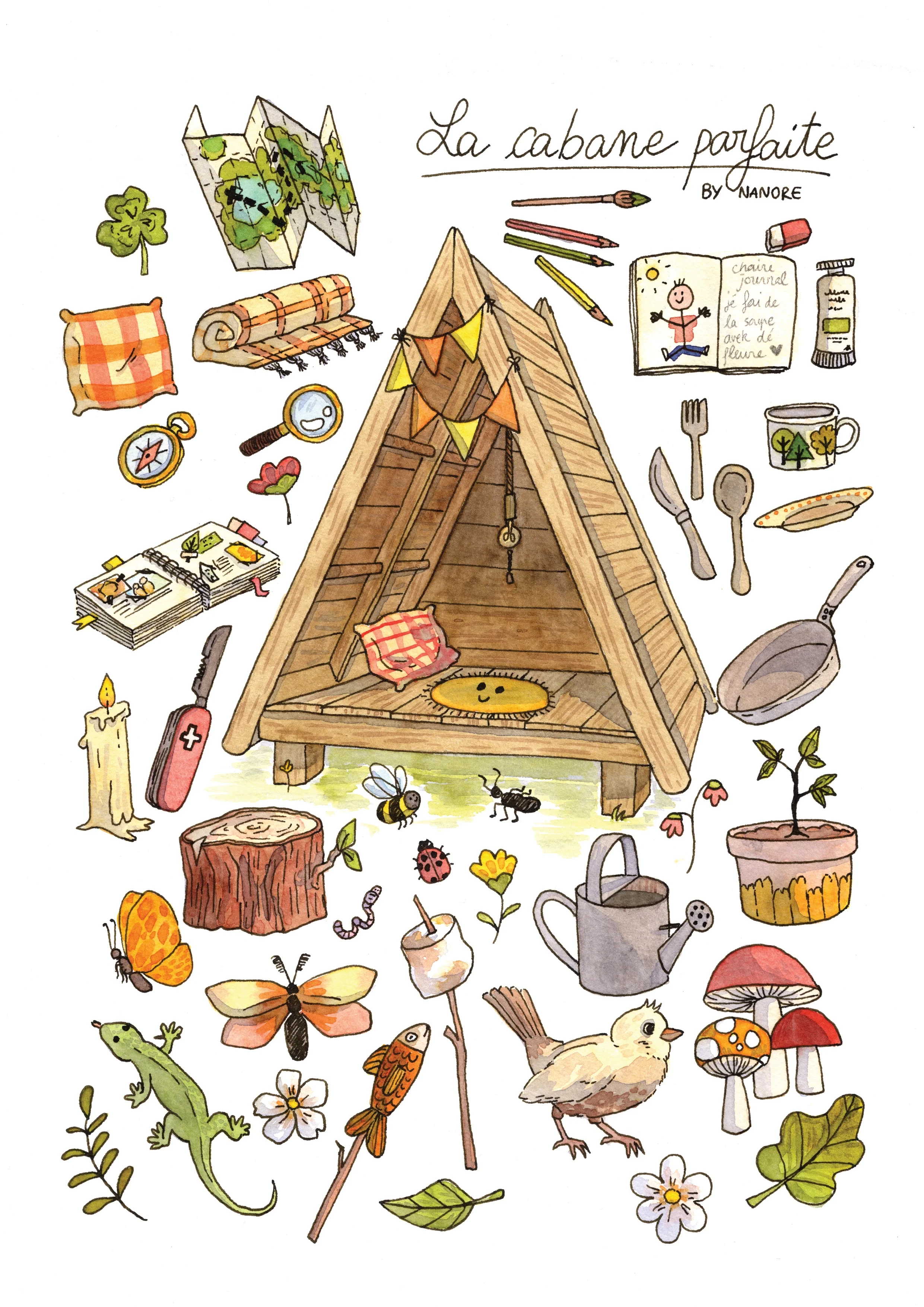 Planche illustrée "La cabane parfaite" : cabane en bois entourée d'objets nature et camping, aquarelle Nanore