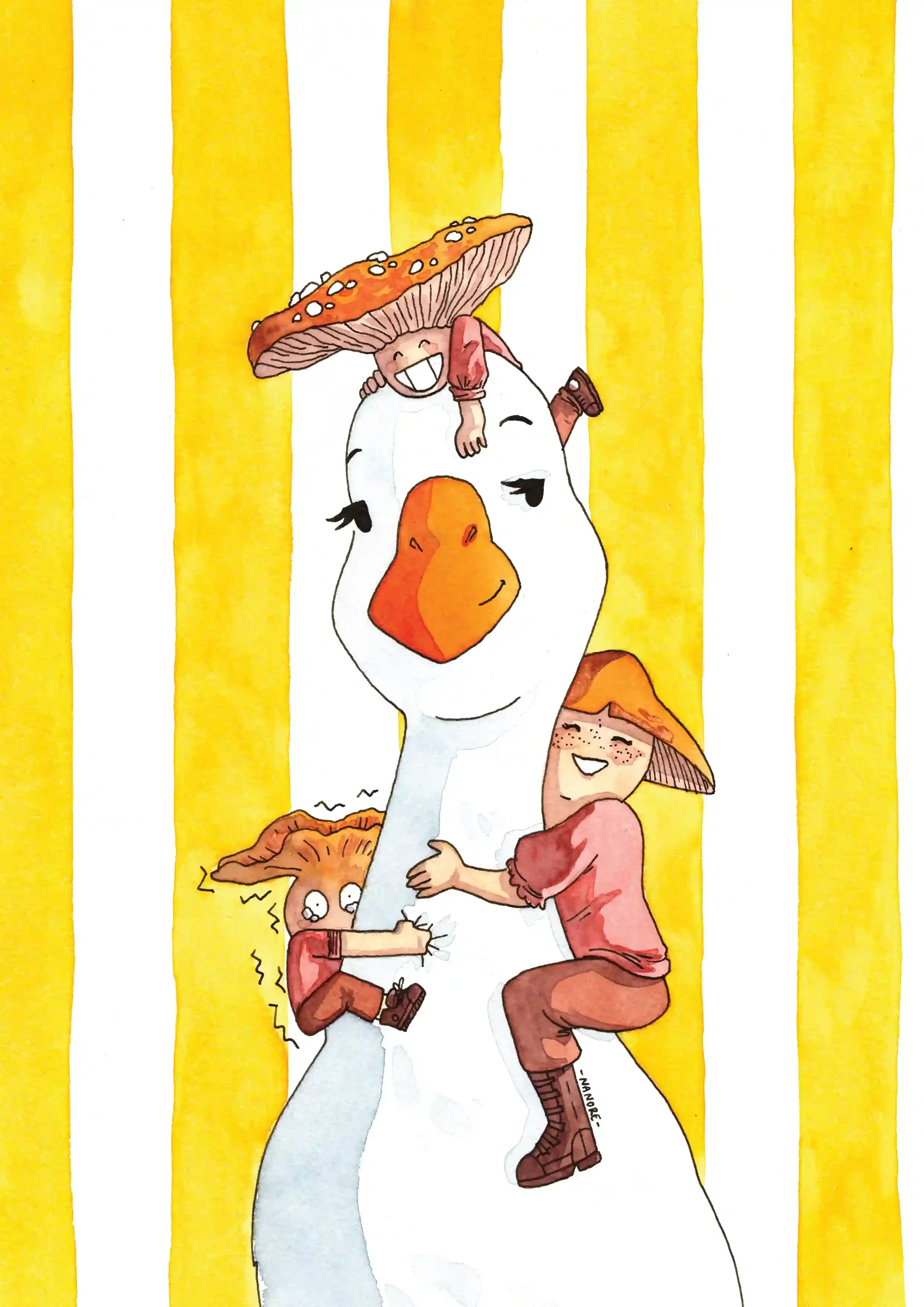 Illustration aquarelle de deux enfants grimpant sur une oie géante, univers fantaisiste et coloré, style Nanore