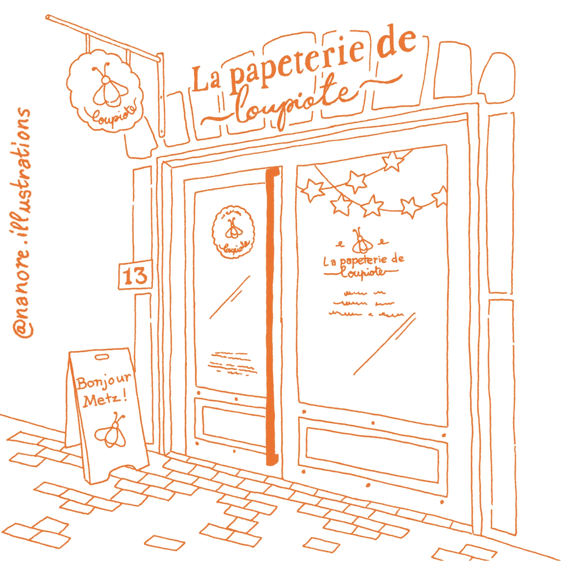 Illustration au trait de la façade d'une papeterie cliente à Metz, réalisation Nanore
