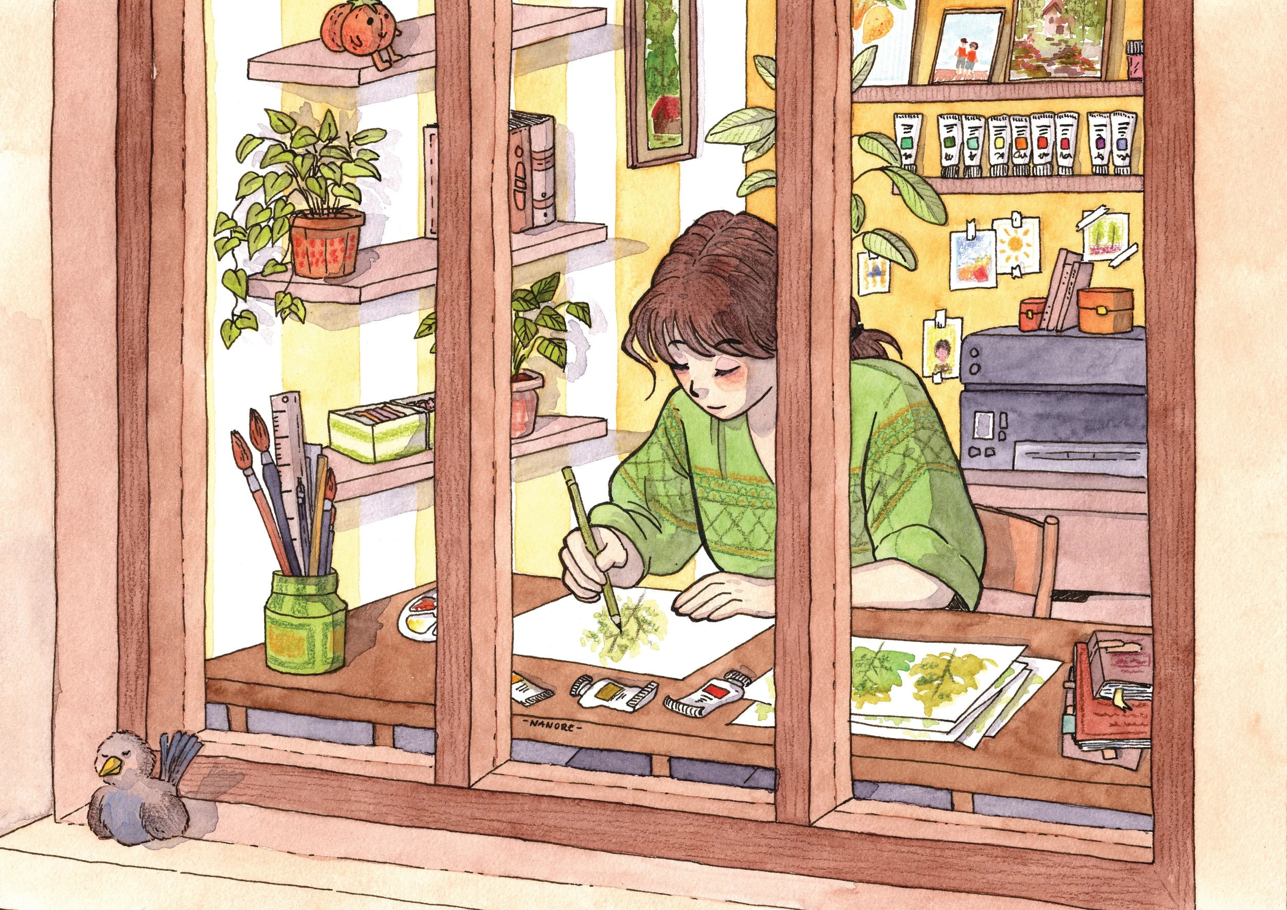 Illustration aquarelle d'une illustratrice à sa table à dessin, vue à travers une fenêtre, oiseau sur le rebord, style Nanore