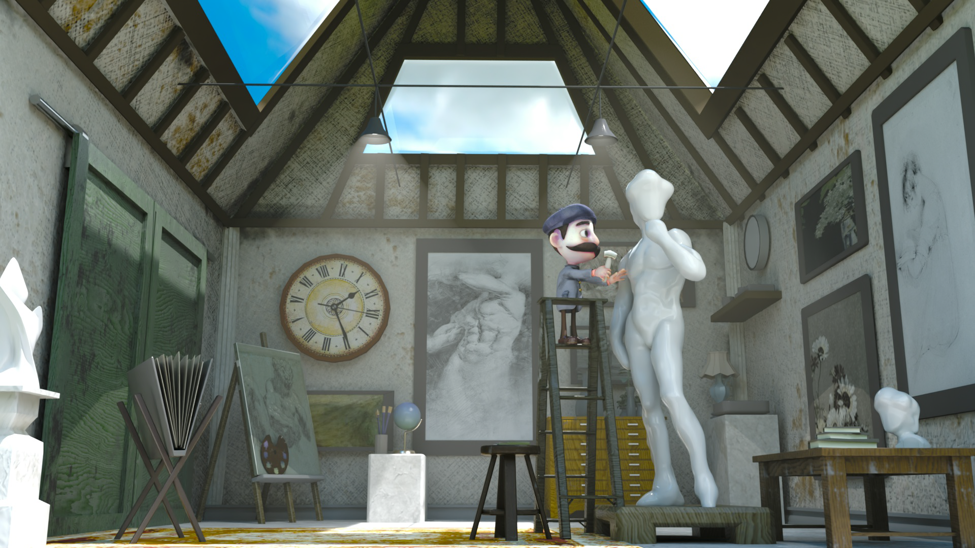 A scene inside an artist's studio with a child painting a life-sized sculpture of a human figure, with art supplies, paintings, and decor around.
