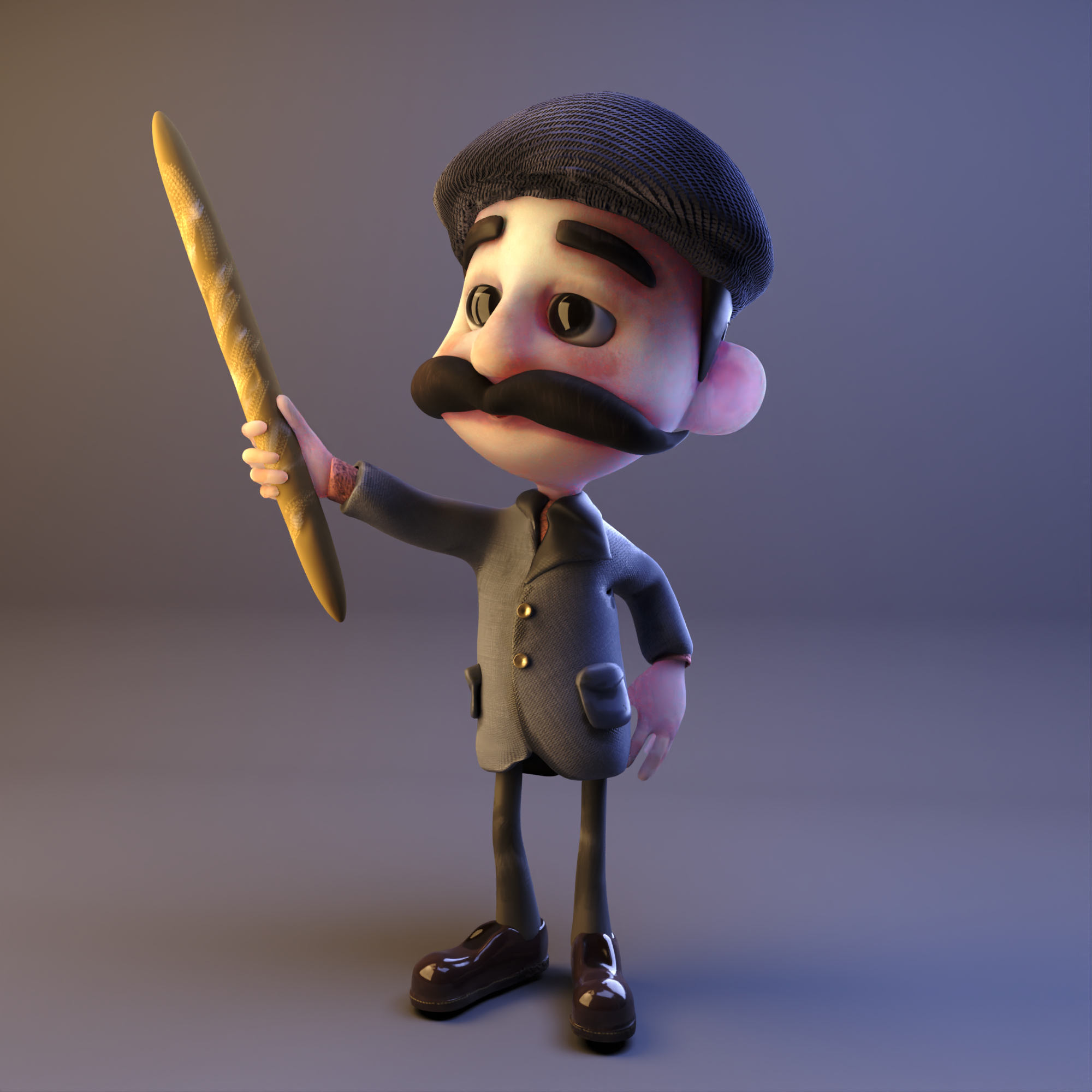 A 3D animated cartoon character resembling a chef with a large mustache, wearing a gray hat and coat, holding a large yellow spoon, standing against a plain background.
