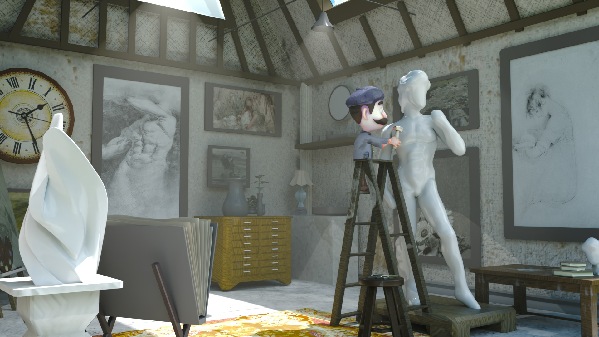 Animation of an artist sculpting a nude statue in an art studio with various artworks on the wall.