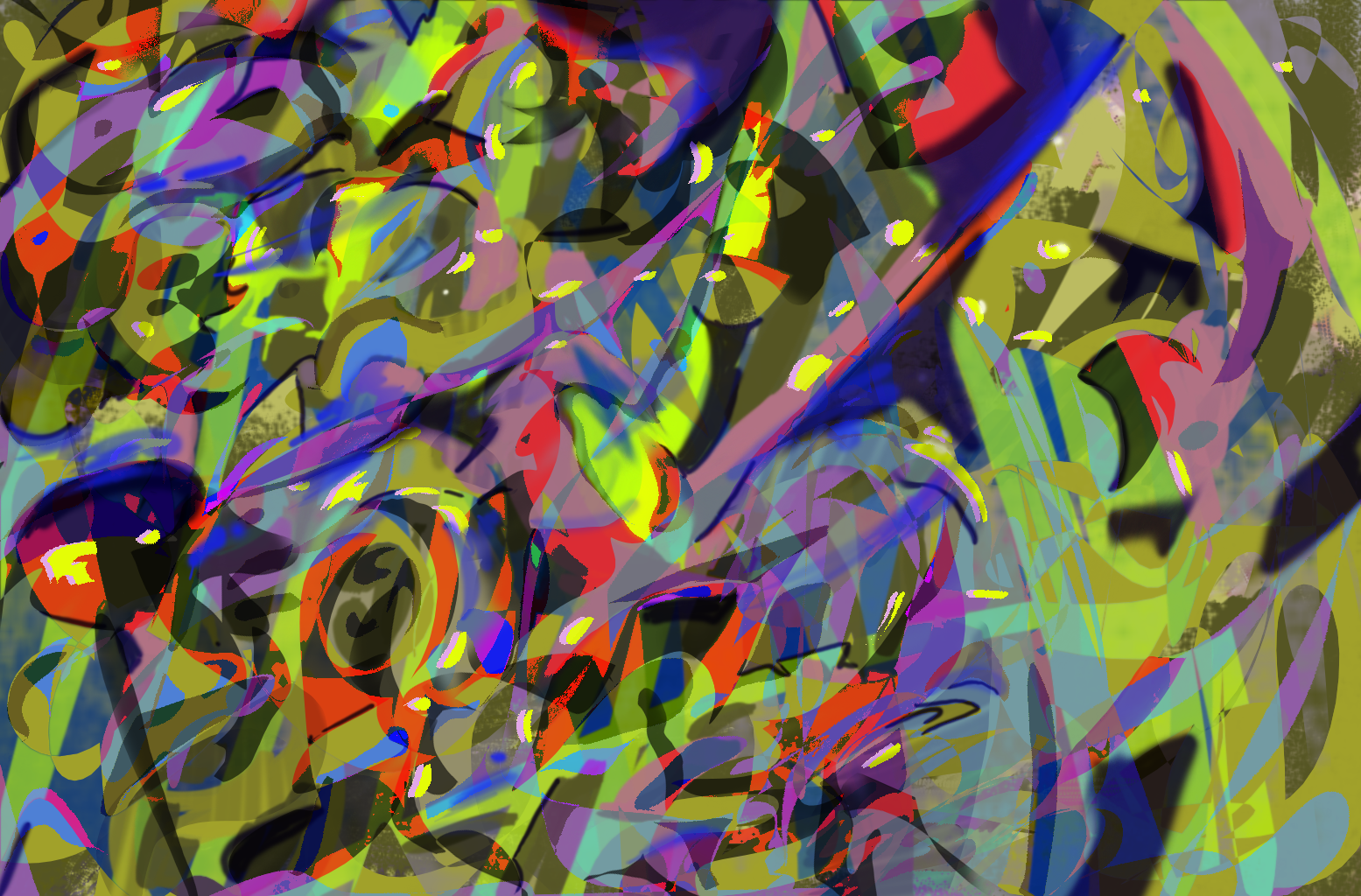 An abstract digital artwork with vivid and chaotic splashes of various bright colors including green, yellow, red, purple, blue, and black, layered over each other creating a complex, energetic pattern.