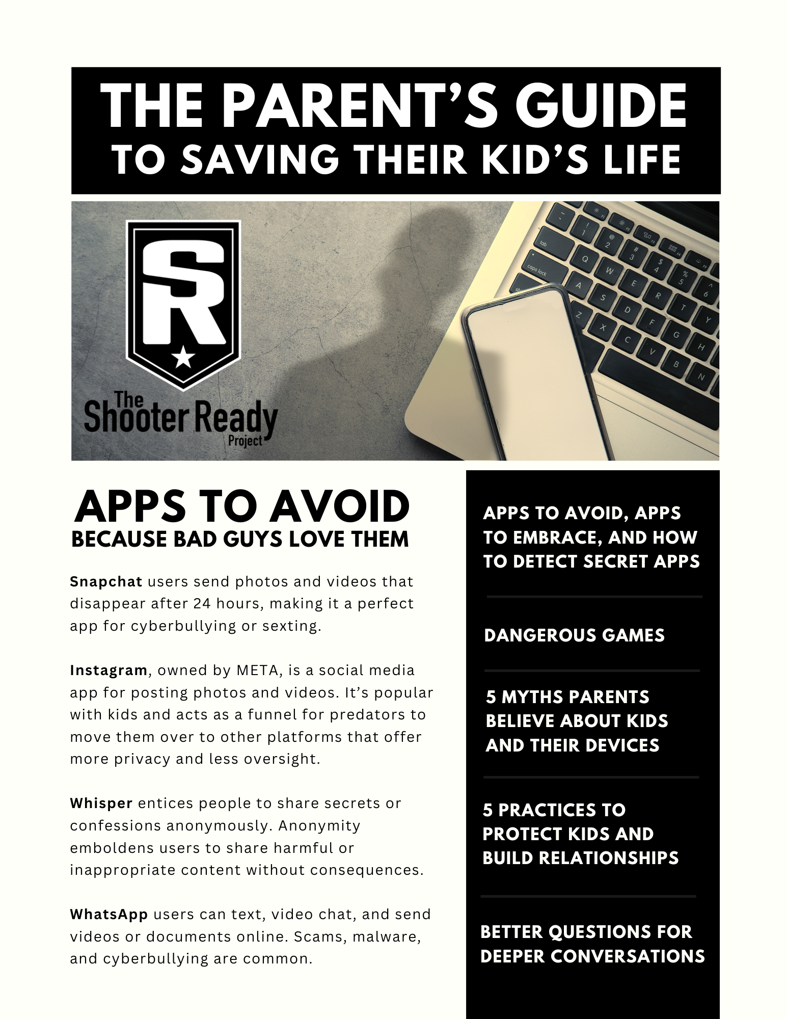 An informational graphic titled 'The Parent's Guide to Saving Their Kid's Life' from The Shooter Ready Project, discussing apps to avoid because bad guys love them, including Snapchat, Instagram, Whisper, and WhatsApp, with a background featuring a laptop, smartphone, and a shadowy figure.