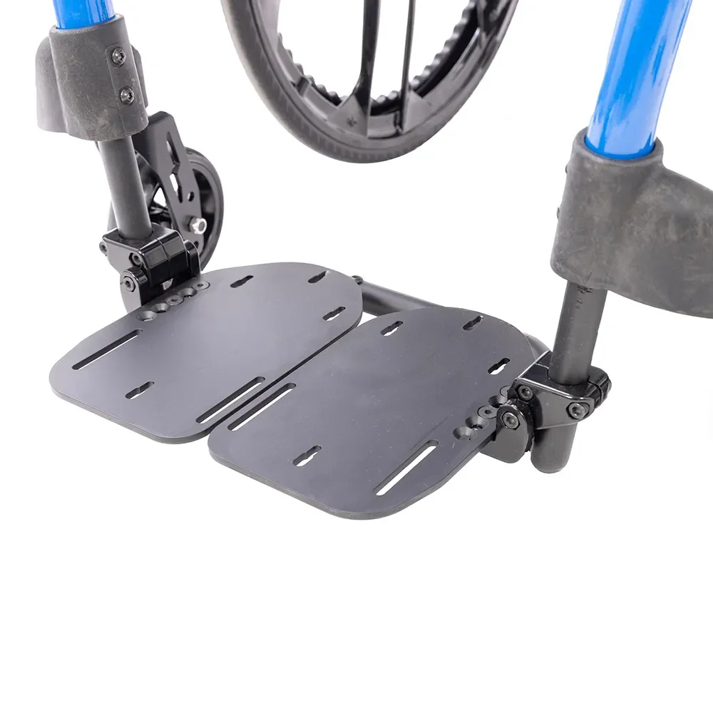 Close-up of a shower commode footrest with two silver footplates and blue frame supports.