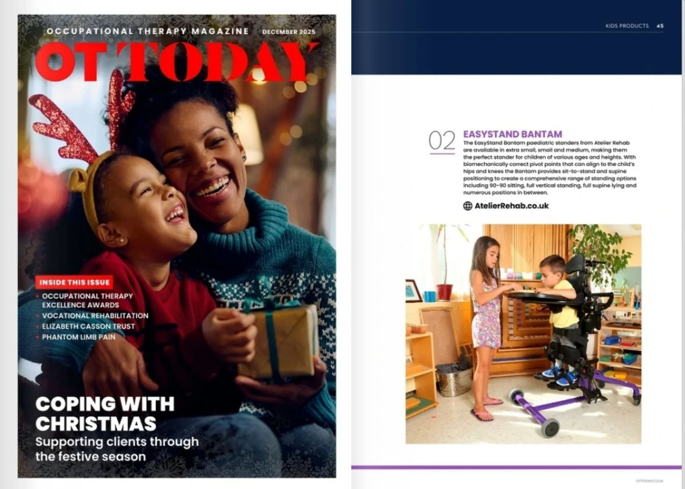 Flatlay of OT Today magazine showing the front cover and an inside article about a children's standing frame.