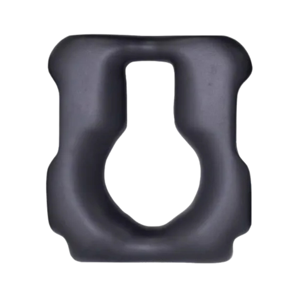 A black plastic shower commode seat shaped like a closed horseshoe.